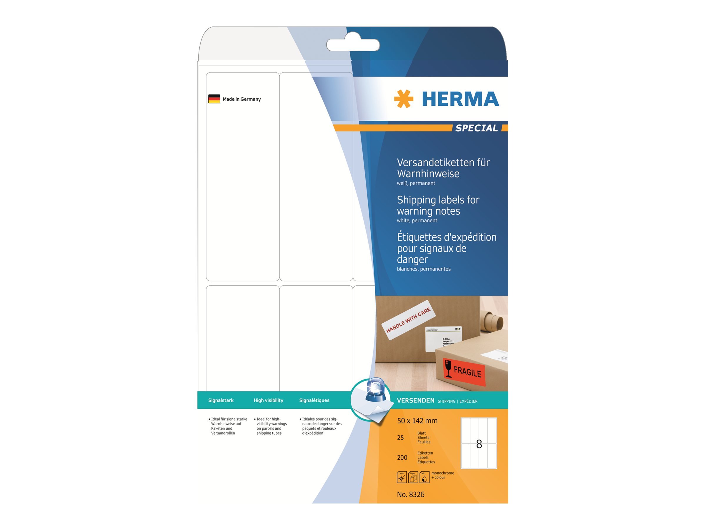HERMA Self Adhesive Shipping Labels - 8 Labels per A4 Sheet (50x142mm), 200 Blank White Labels for Laser & Inkjet Printers - Perfect for Parcel Packaging, Mailing & Logistics Tracking