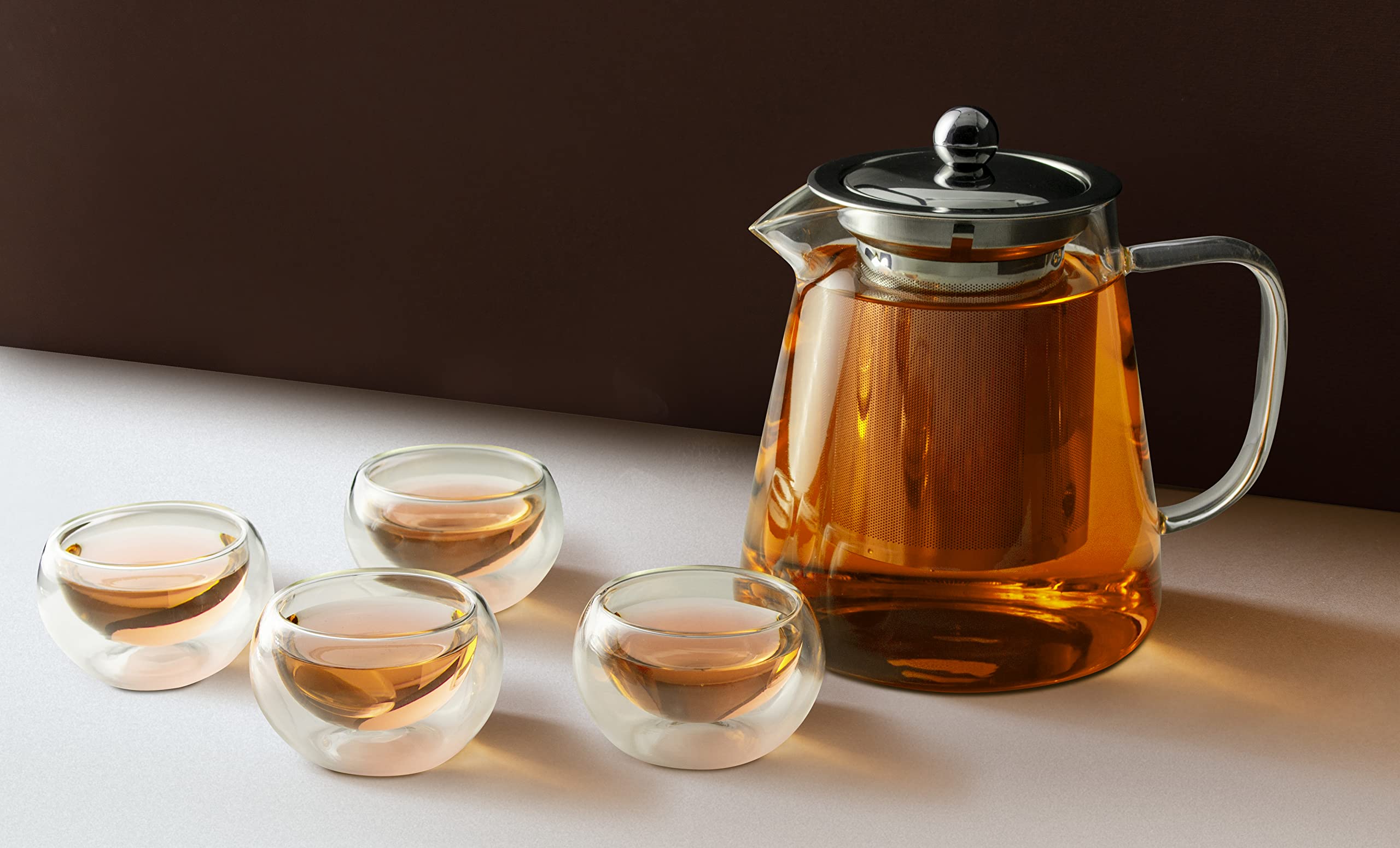 Premium Glass Teapot with Removable Stainless Steel Infuser & 4 Double Wall Glass Cups - Perfect for Loose Leaf Tea Brewing, Iced Tea Making & Gift Giving - Ideal for Home, Office & Tea Party Use