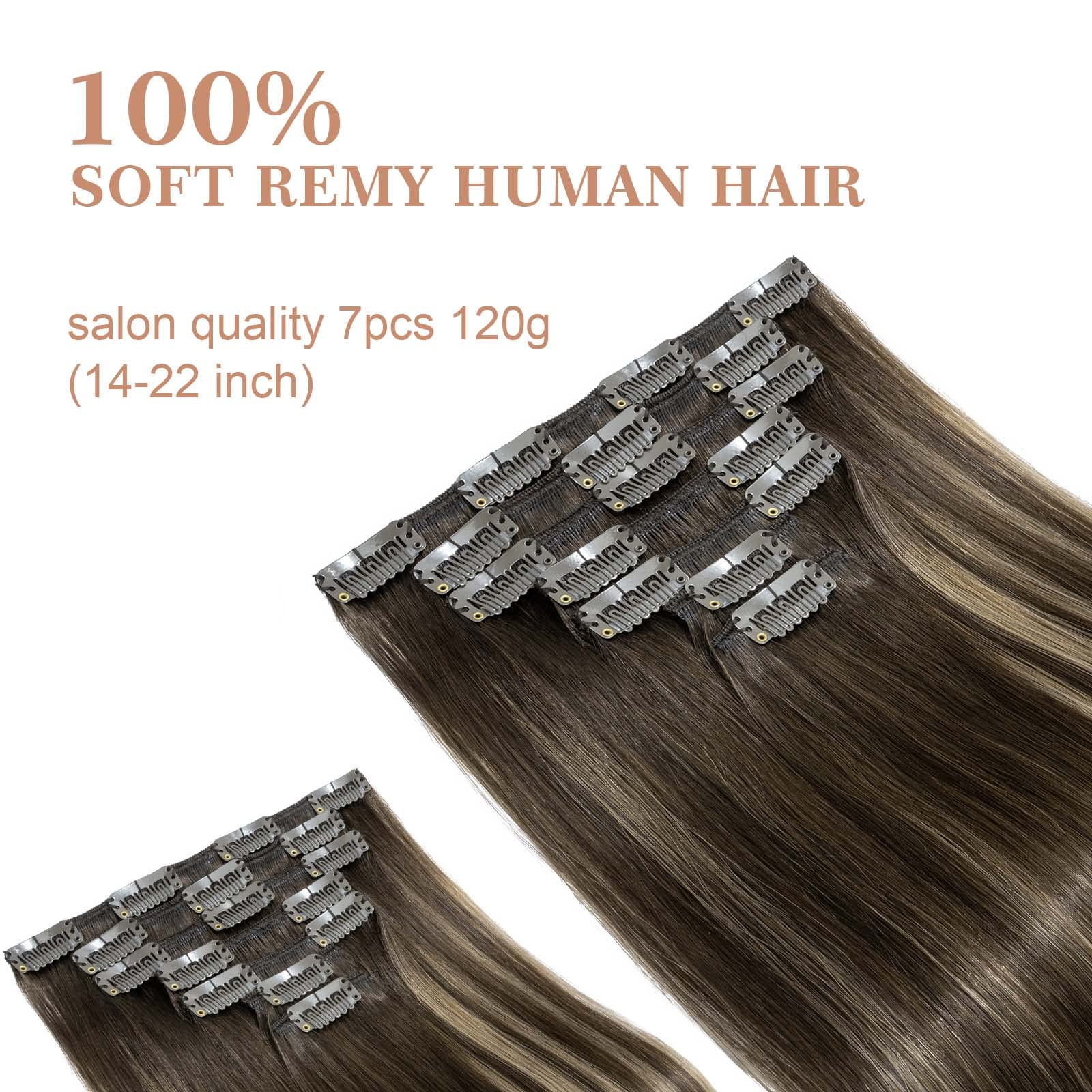 S-noilite Clip in Hair Extensions 20 Inch - 100% Real Human Remy Hair, Double Weft, 7pcs 120g, Balayage Dark Brown to Chestnut Brown - Seamless & Thick for Volume & Length - Perfect for Parties, Weddings & Daily Styling