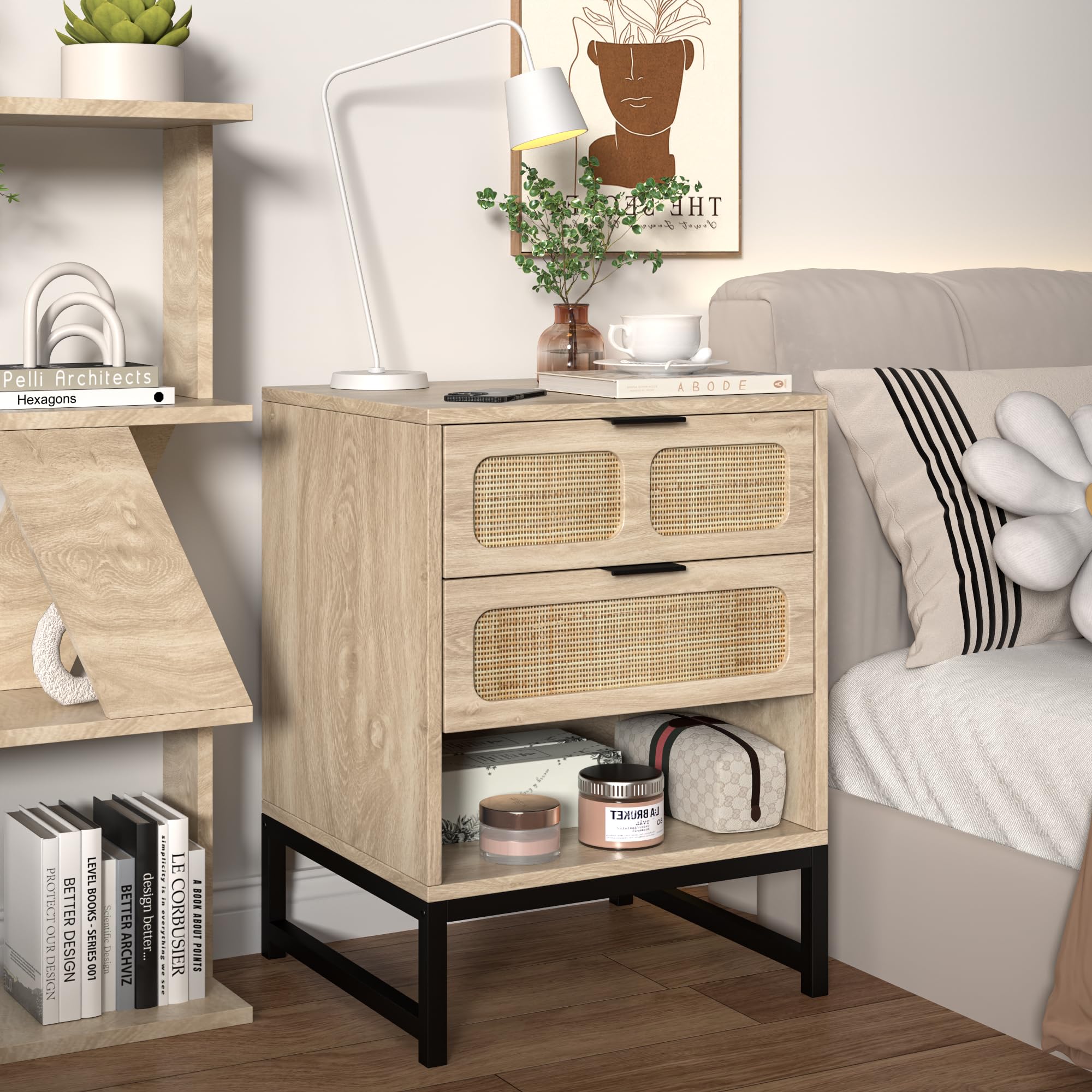 Boho Rattan 3-Piece Bedroom Set with 6-Drawer Dresser & Nightstand - Natural Woven Storage Cabinet Furniture Set for Master Bedroom, Guest Room, or Apartment Decor