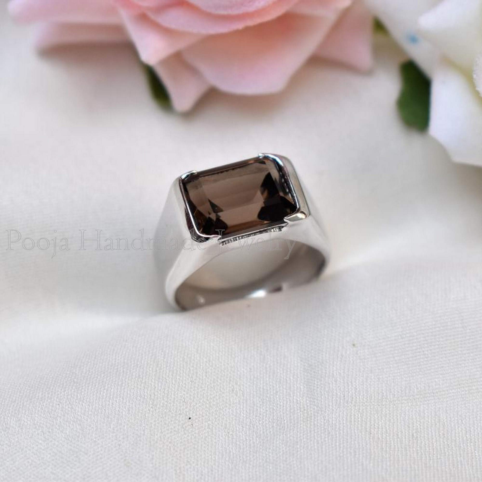 Natural Smoky Quartz Ring for Men - 925 Sterling Silver Gemstone Ring, Handmade Ottoman Style Heavy Band - Brown Birthstone Jewelry, Promise Gift for Him - Perfect for Weddings, Anniversaries & Special Occasions