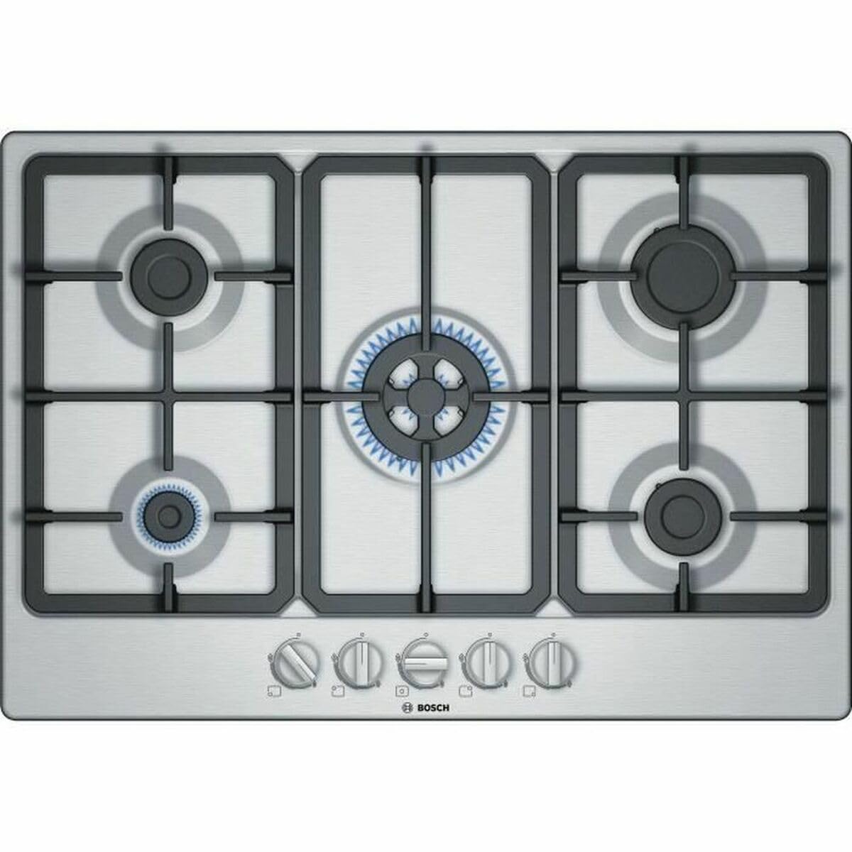 Bosch PGQ7B5B90 Serie 4 Gas Cooktop - 3.3kW Powerful WOK Burner with Cast Iron Grates, Stainless Steel, 75cm - Perfect for Asian Cooking & High-Heat Stir-Frying