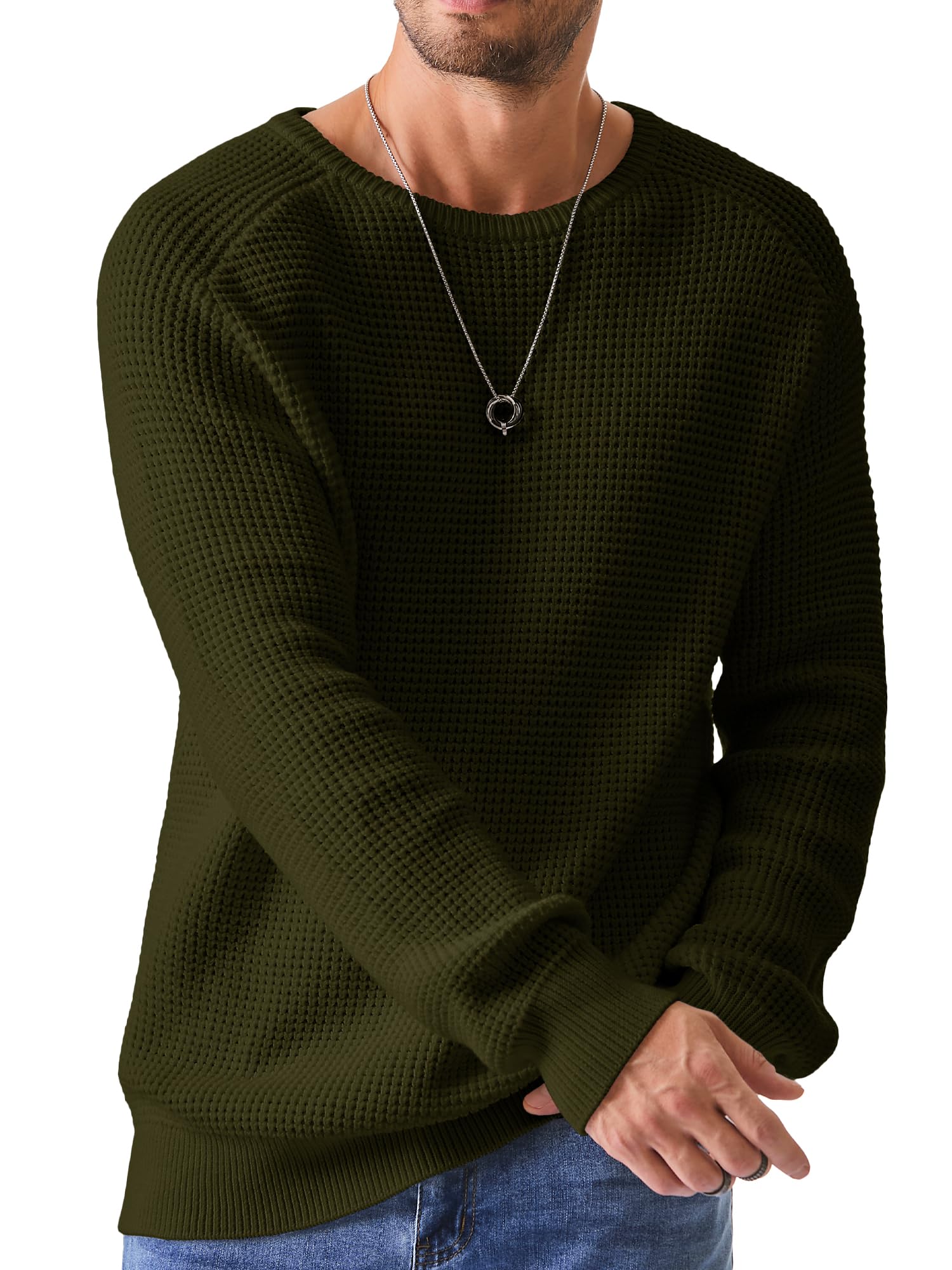 JMIERR Men's Waffle Knit Crewneck Pullover Sweater - Casual Loose Fit Ribbed Edge Textured Knit Sweater for Fall Winter Fashion, Outdoor Activities & Office Wear