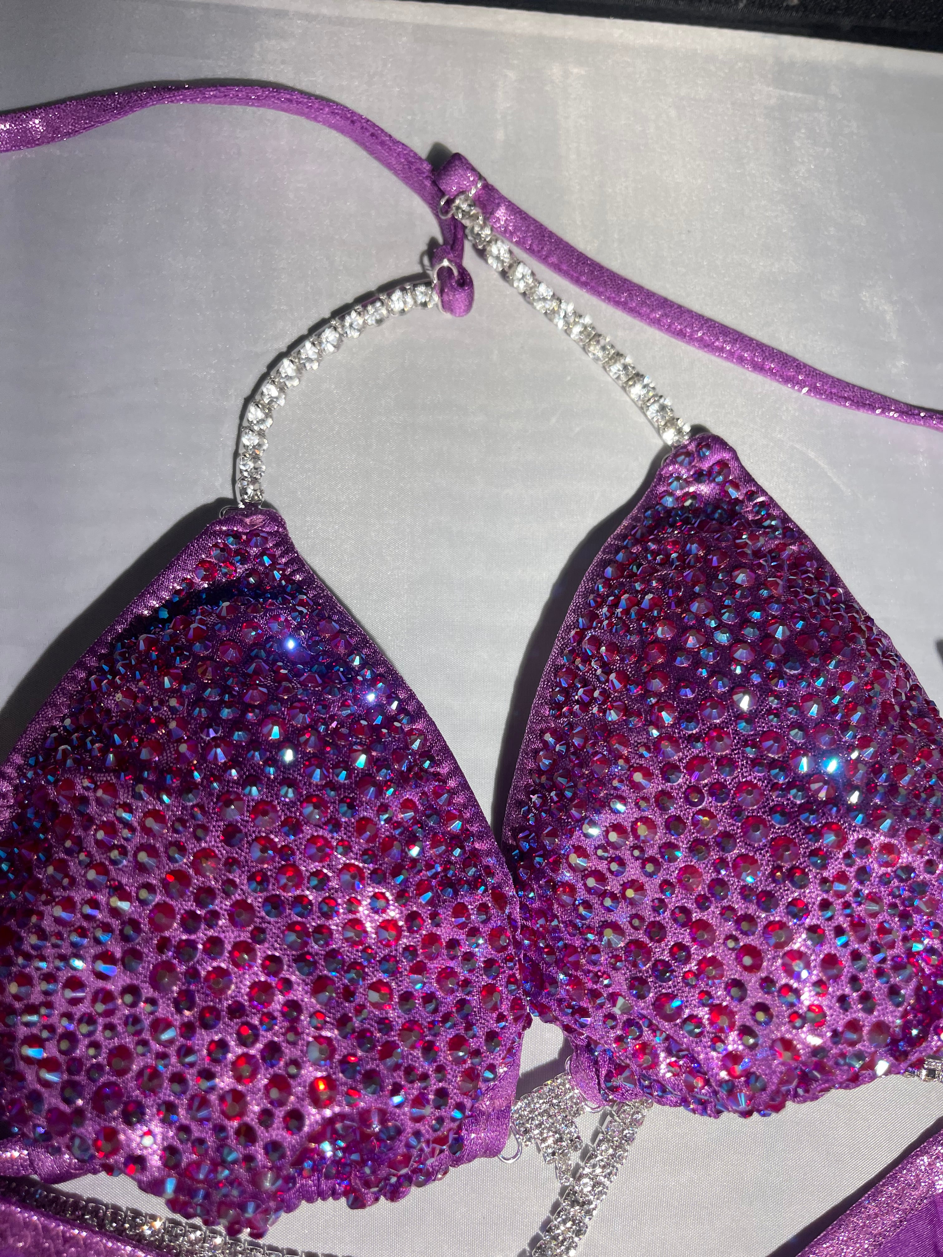 Lavender Lilac Purple Bikini Competition Swimsuit with Stunning Crystal Rhinestone Back - Perfect for Beach, Pool, and Pageant Events