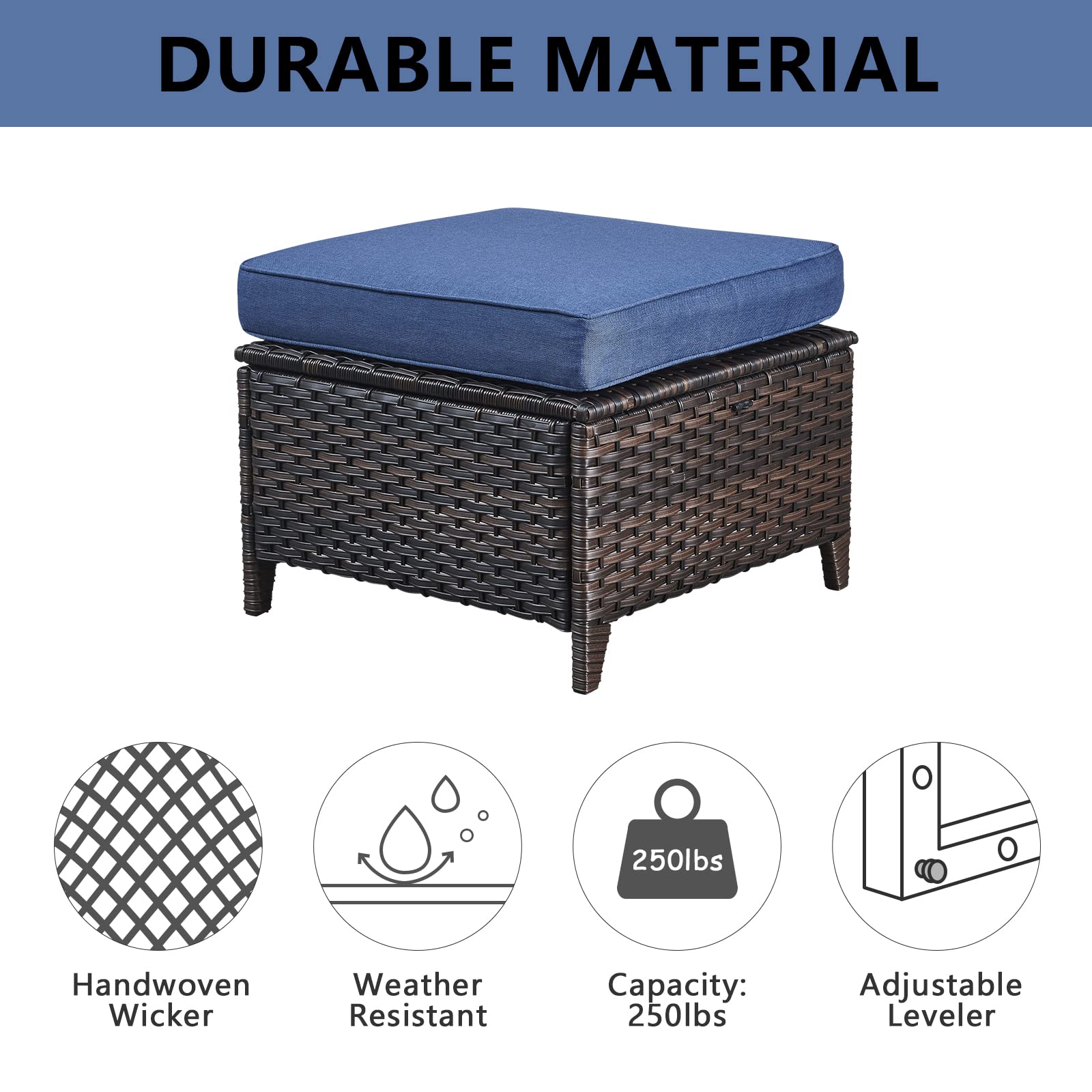 All-Weather Outdoor Furniture Ottoman Set of 2 - Patio Seating Footstool with Soft Cushions, Rattan Wicker Ottoman Seat for Garden, Deck, Poolside & Backyard Relaxation