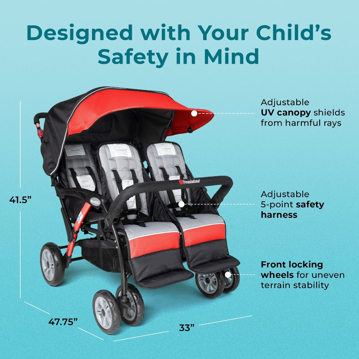 Gaggle Compass Quad 4-Seat Stroller for Toddlers - Lightweight, Durable & Foldable Baby Stroller for Multiple Kids - Perfect for Family Outings, Shopping & Travel