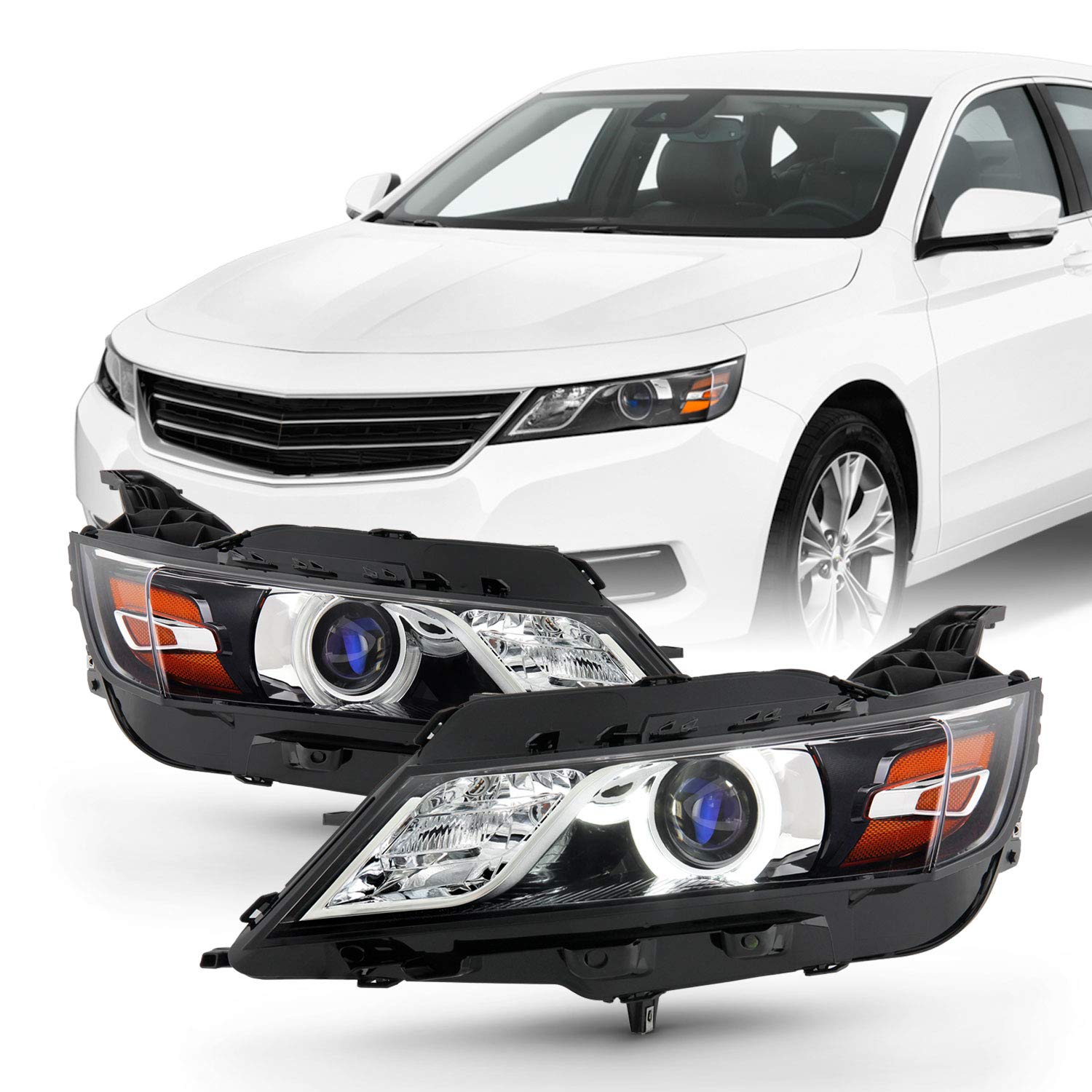 AKKON Black HID/Xenon Projector Headlights for 2014-2020 Chevy Impala Sedan (Non-AFS Type) - Left & Right Pair - Upgrade Your Night Driving Safety
