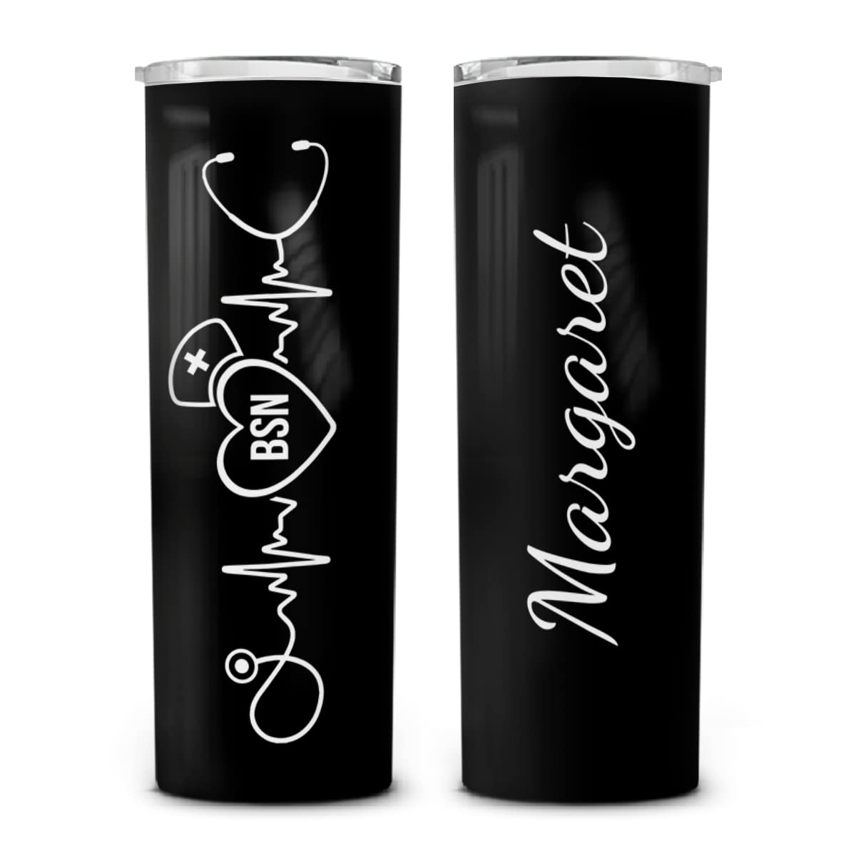 Personalized Nurse Skinny Tumbler 20oz - Vacuum Insulated Travel Coffee Mug with Lid, Heartbeat & Stethoscope Design - Custom Name Engraved - Perfect Nurse Appreciation Gift for Women & Men (Black) | Great for Hospitals, Clinics, Nursing School Graduation, Birthday & Christmas Gifts