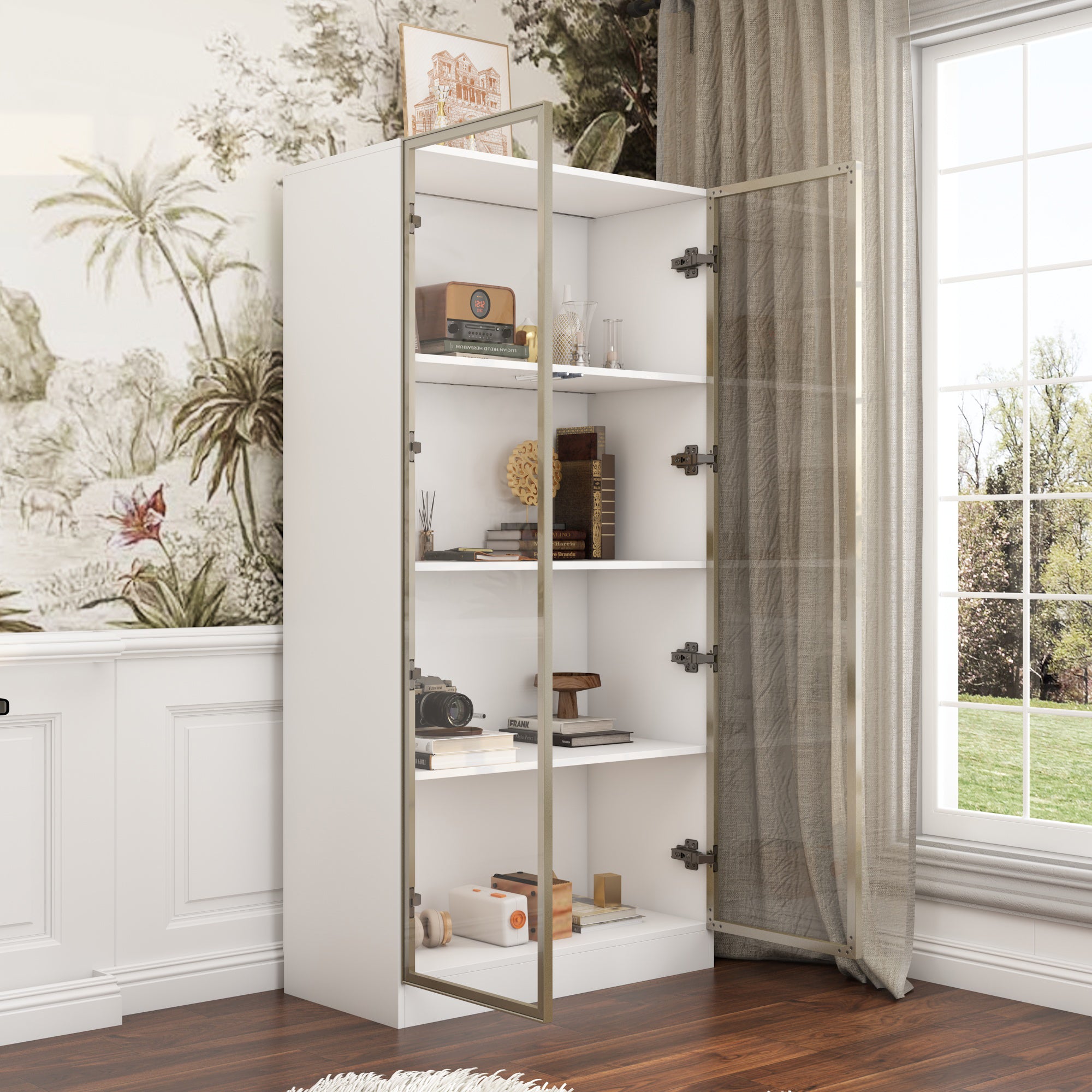 Modern Glass Display Cabinet with LED Lights - Bookshelf with Glass Doors for Living Room, Bedroom, or Office Storage & Display