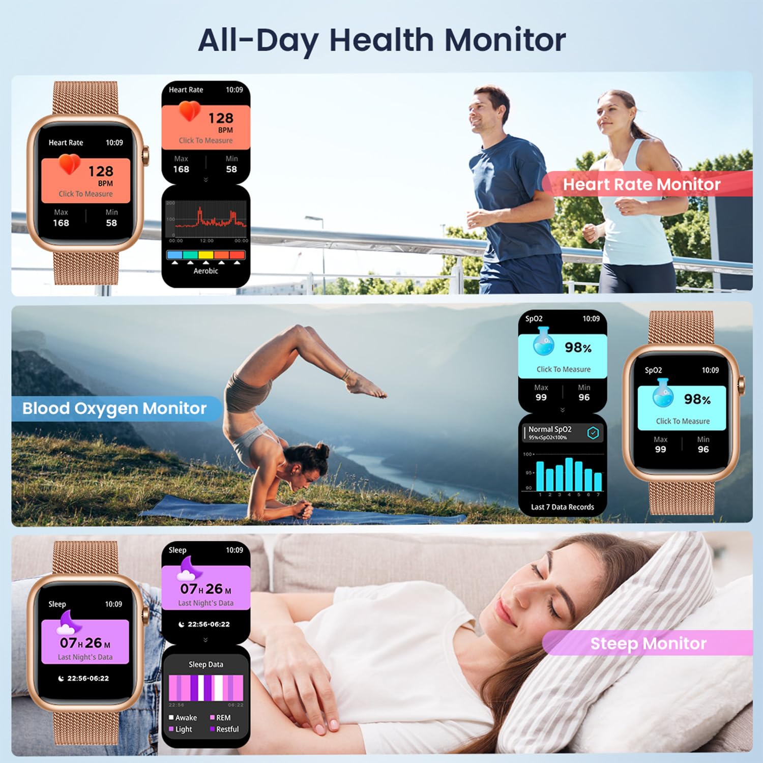 Women's Smartwatch with Fitness Tracker - Gold Android Smart Watch with Bluetooth Calling, Heart Rate Monitor, 123 Sport Modes, IP67 Waterproof - Compatible with iPhone & Android Phones - Perfect for Running, Gym Workouts & Daily Activity Tracking