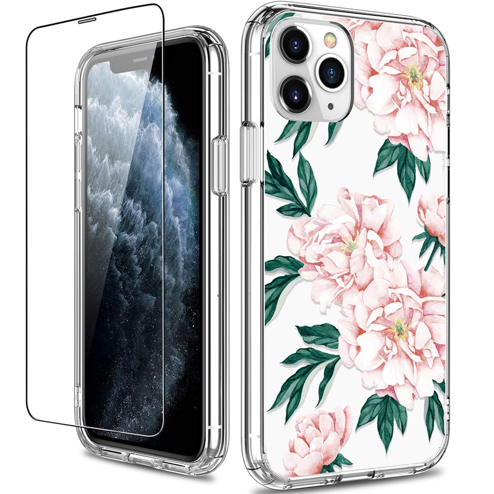 GiiKa iPhone 11 Pro Max Case with Screen Protector - Clear Floral Design Shockproof Hard PC & Slim TPU Bumper Cover for Women (Pink Flowers) | Perfect for Everyday Protection, Work, School & Travel