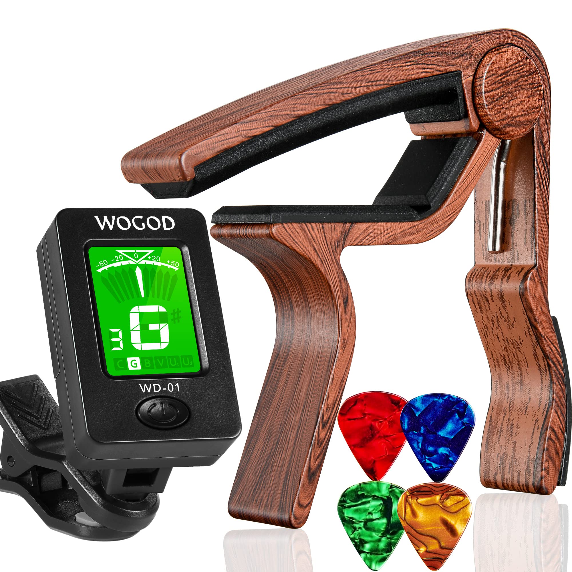 Premium Clip-On Guitar Tuner & Rosewood Capo Set - Accurate Tuning for Acoustic, Electric Guitar, Bass & Ukulele - Perfect for Live Performances, Studio Recording & Practice Sessions