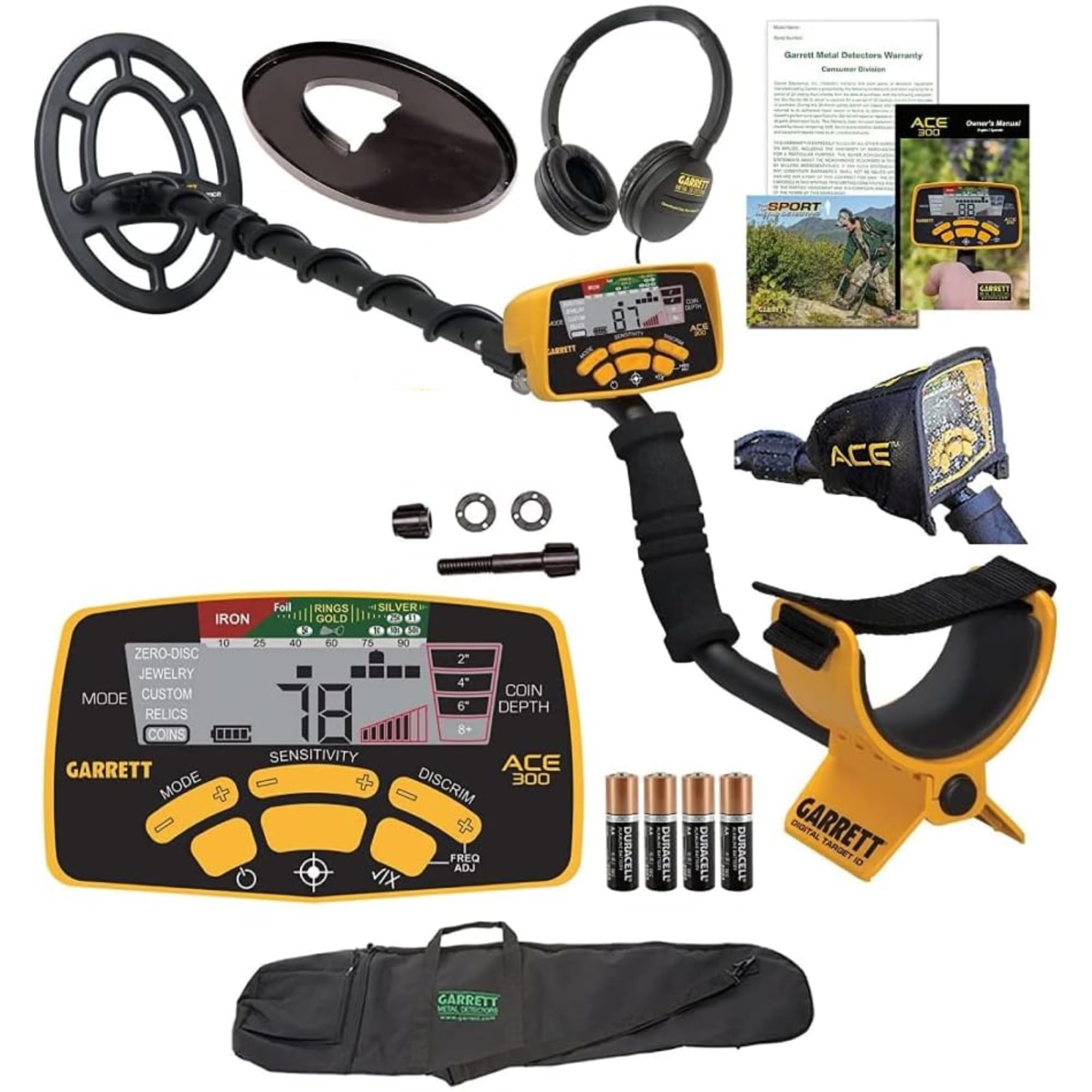 Garrett ACE 300 Metal Detector with Digital Target ID & Iron Resolution - Adjustable Frequency Metal Detector Kit Includes Carry Bag, Headphones & Searchcoil Cover - Perfect for Treasure Hunting, Beach Combing & Coin Shooting Adventures