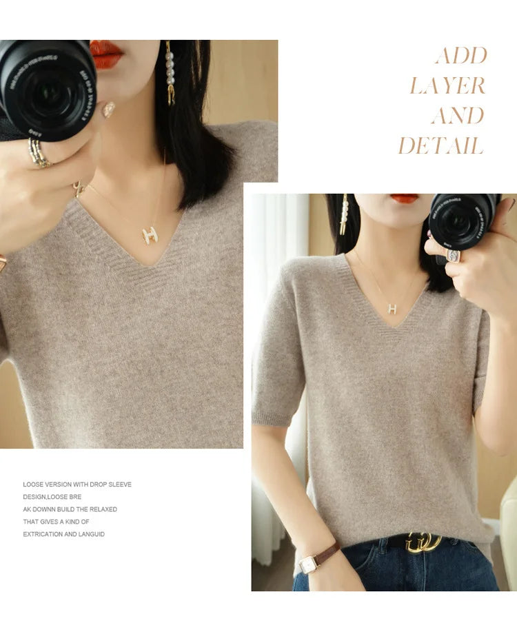 Solid Color V-Neck Half-Sleeve Cashmere Sweater for Women - Soft Thin Knit Casual Top for Office Wear & Fall Layering
