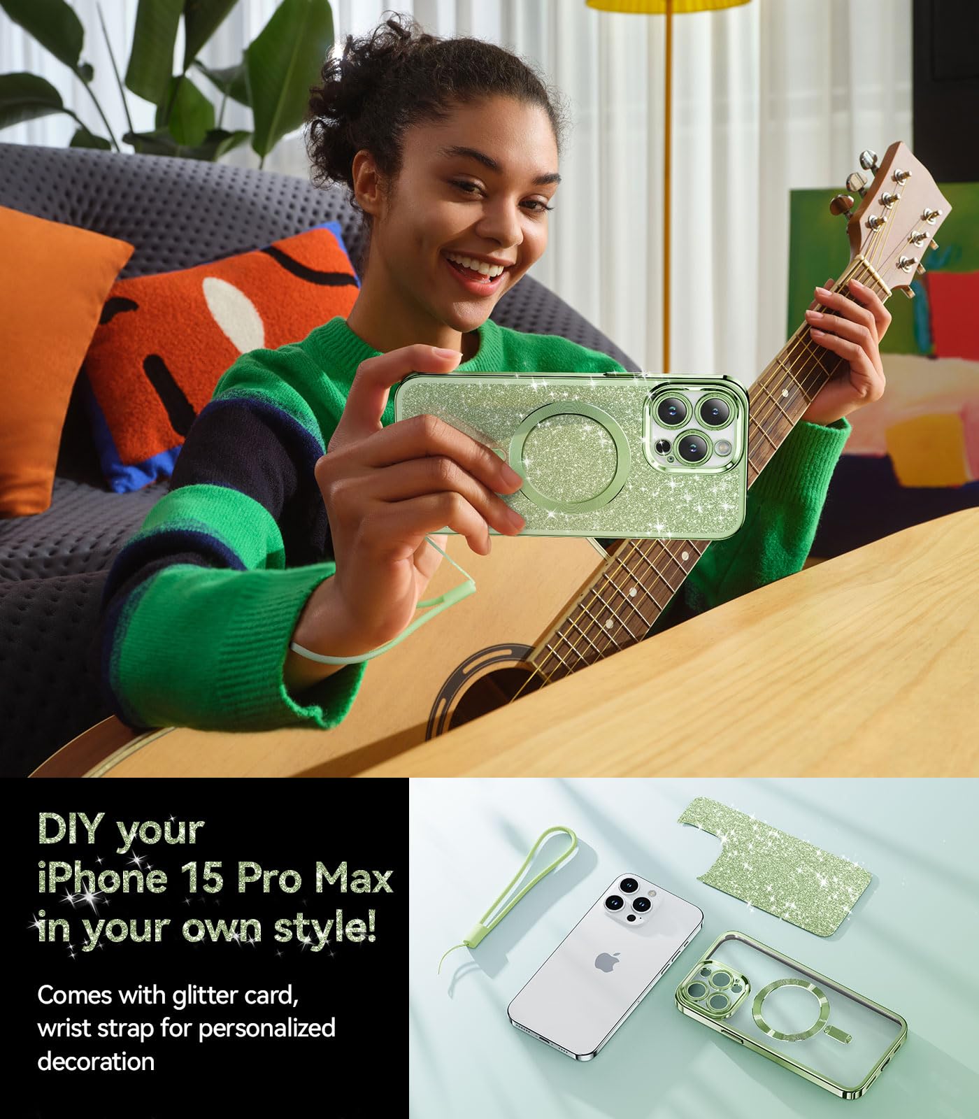 Meifigno Candy Mag Series Glitter Case for iPhone 15 Pro Max - Magsafe Compatible with Wrist Strap & Full Camera Protection - Stylish Grass Green Phone Cover for Women | Perfect for Everyday Use, Office & Travel