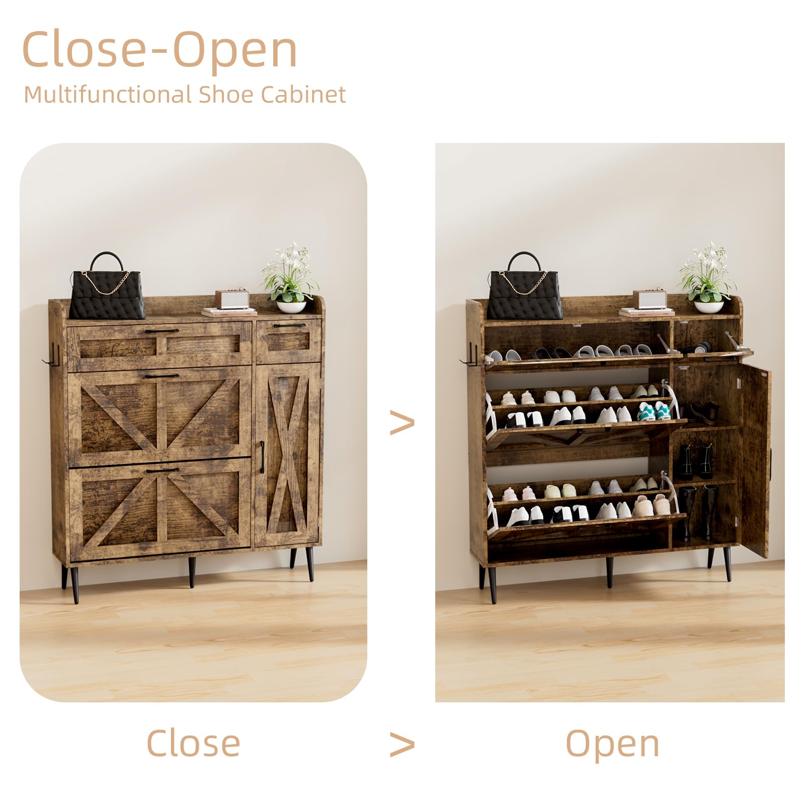 Farmhouse Shoe Storage Cabinet with 2 Flip Drawers & Adjustable Shelf - Rustic Brown Wooden Entryway Organizer with Barn Door & Metal Legs | Perfect for Small Spaces, Hallway, Mudroom & Closet Shoe Organization