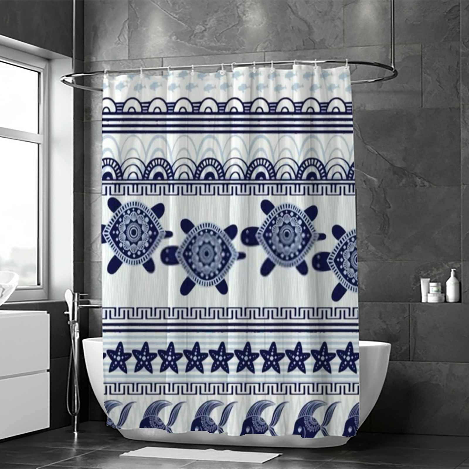 Vantaso Waterproof Shower Curtain - Boho Beach Theme with Turtles & Starfish Design - Navy Blue Bathroom Decor - Machine Washable 72x60 Inches - Perfect for Coastal, Nautical or Beach House Bathrooms