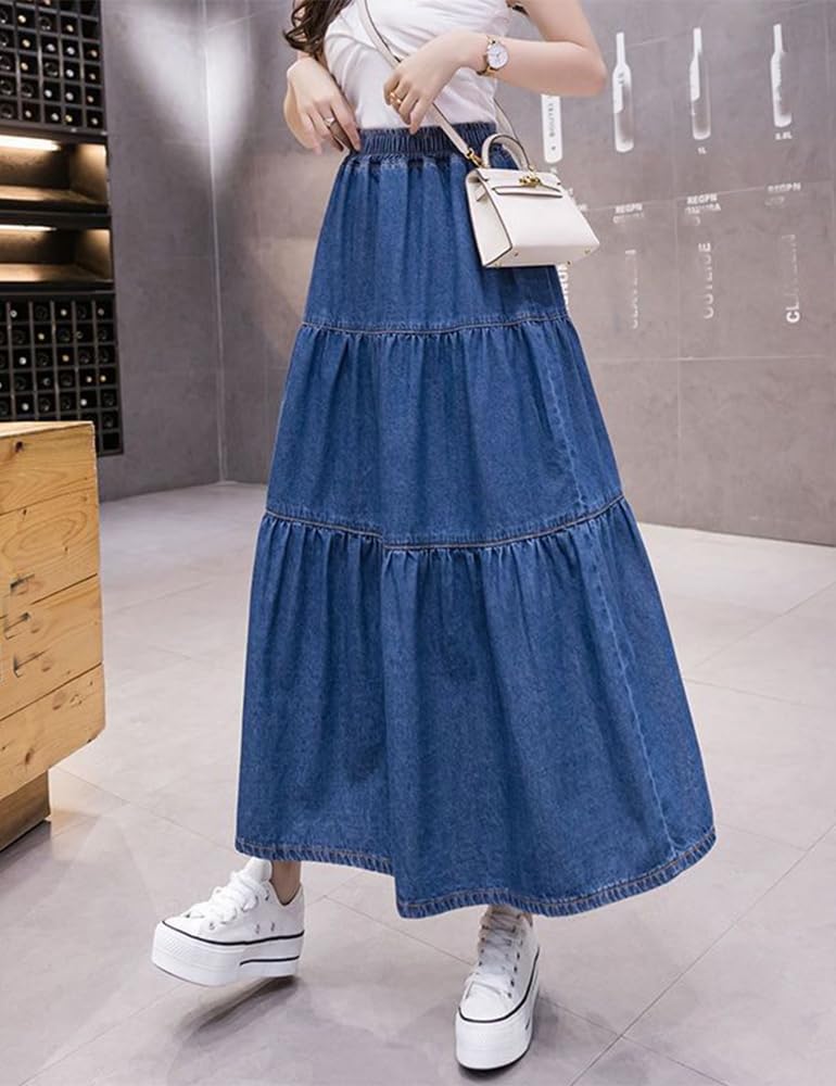 Women's A-Line Flare Denim Jean Skirt with Ruffle Hem & Elastic Waist - Casual Long Skirt for Women, Perfect for Spring, Summer, and Fall Outfits