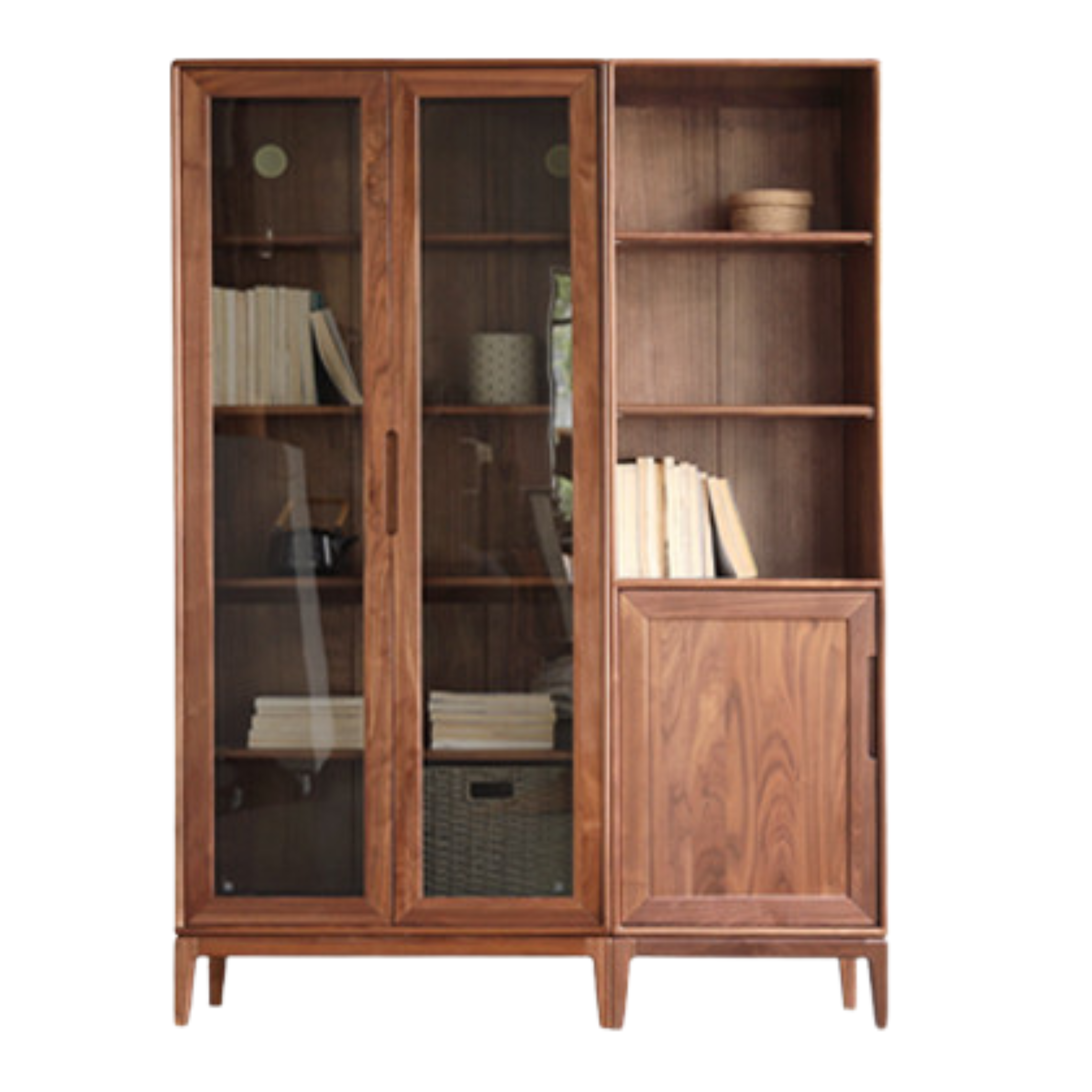 Premium Black Walnut & Ash Solid Wood Bookcase with Dust-Proof Glass Doors - Stylish Home Office & Living Room Storage Solution