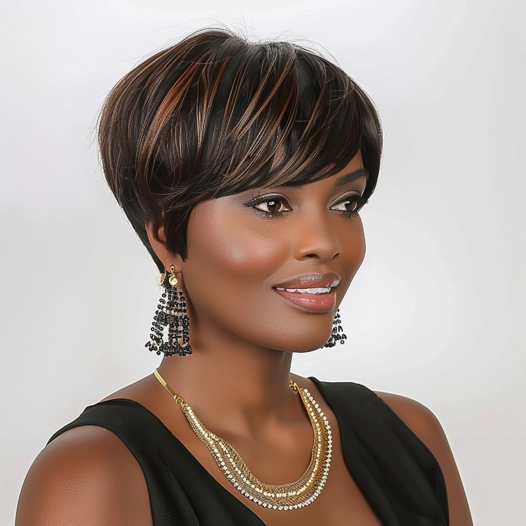 Stylish Synthetic Pixie Cut Wigs for Black Women - Short Ombre Auburn Bowl Cut Wig with Bangs (Brown Black) | Perfect for Daily Wear, Cosplay & Special Occasions