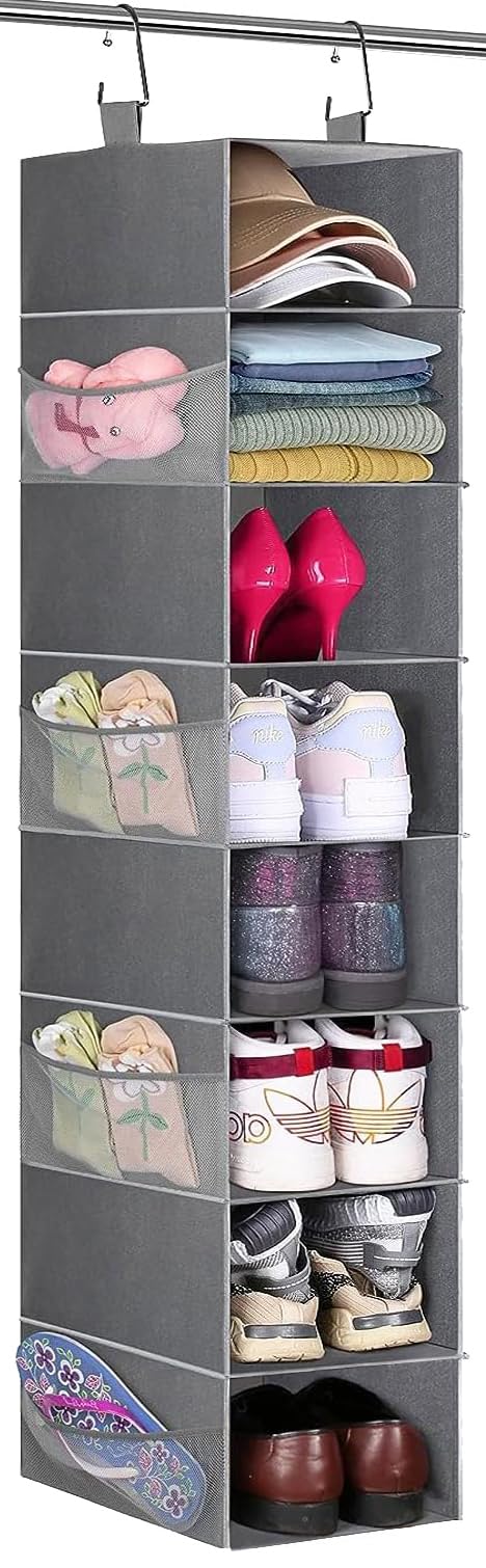 MISSLO Hanging Shoe Organizer with 8 Large Shelves & Side Mesh Pockets - Space Saving Closet Storage for Shoes, Handbags, Clothes & Hats (Grey) | Perfect for Small Spaces, Walk-in Closets & Dorm Room Organization