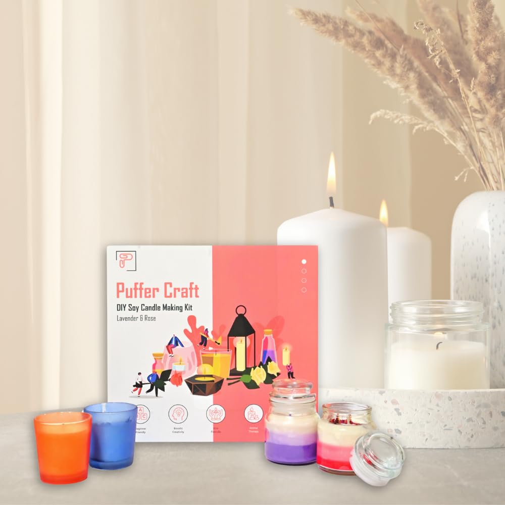 DIY Soy Candle Making Kit with Lavender & Rose Scents - Complete Puffer Craft Supplies for Home Decor, Gifts & Relaxation - Perfect for Aromatherapy, Spa Nights & Romantic Ambiance