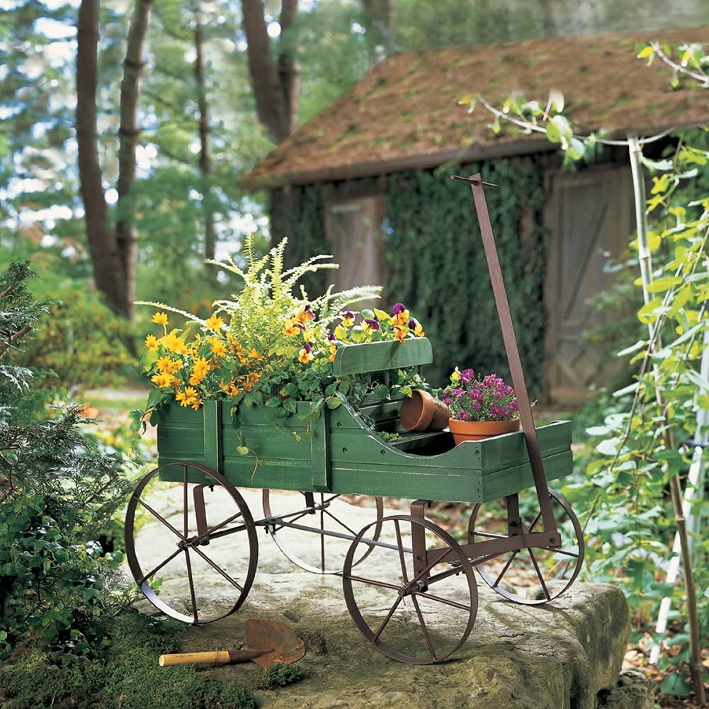 Decorative Indoor Outdoor Garden Wagon Planter - Rustic Green Plant Container for Backyard, Patio, and Home Decor
