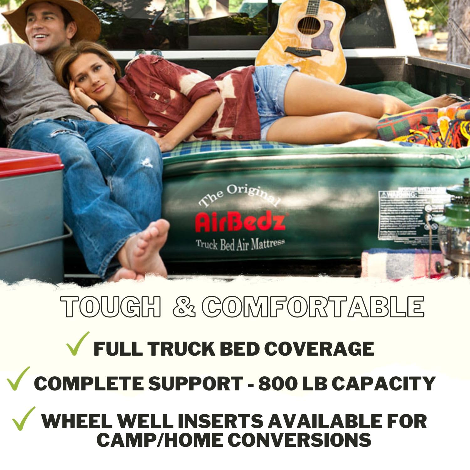 AirBedz Lite Full Size Short Truck Bed Air Mattress - Green, 6-6.5 Feet Long with Portable DC Air Pump | Perfect for Camping, Road Trips & Pickup Truck Sleeping