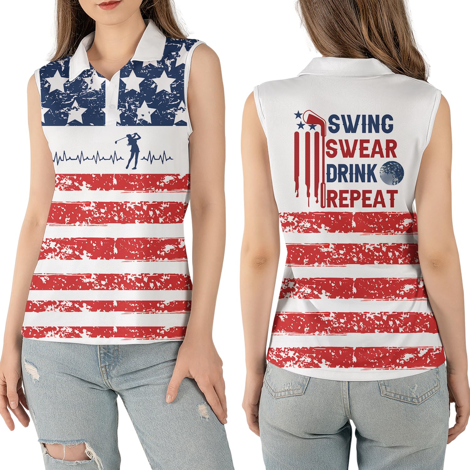 Women's Sleeveless Golf Polo Shirts - Breathable Moisture-Wicking Athletic Top for Golf & Summer Sports | Swing Swear Drink Repeat Design | Perfect for 4th of July, Casual Wear & Outdoor Activities