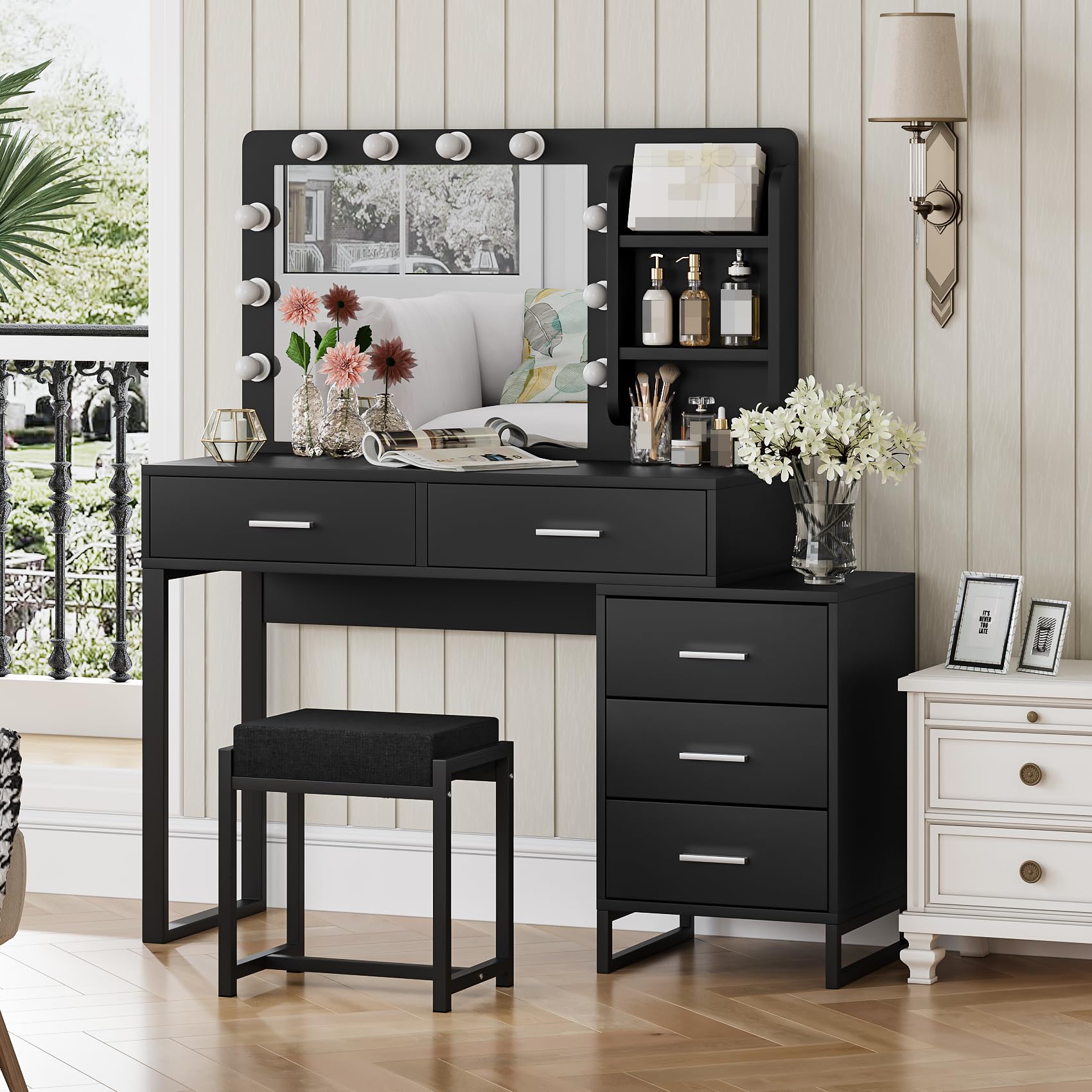 Adjustable LED Makeup Vanity Desk with Mirror & 5 Drawers - 3 Color Lighting Modes & Brightness Control - Black Dressing Table for Bedroom, Salon & Home Beauty Station