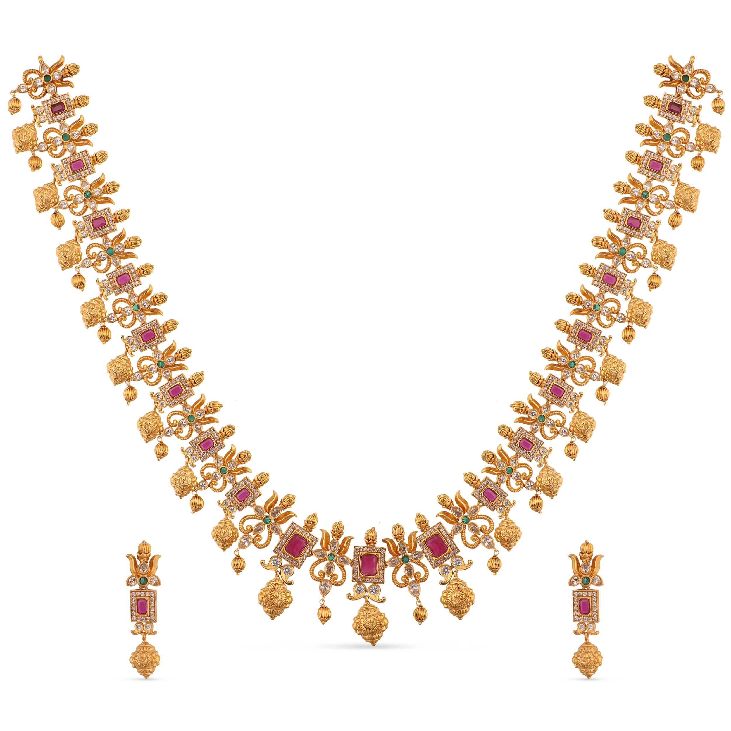 TARINIKA Antique Gold Plated Ahaana Long Necklace Set with Floral Design - Indian Jewelry Sets for Women | Traditional South Indian Necklace for Weddings, Festivals & Ethnic Occasions | 1 Year Warranty | Perfect Gift for Brides & Cultural Events
