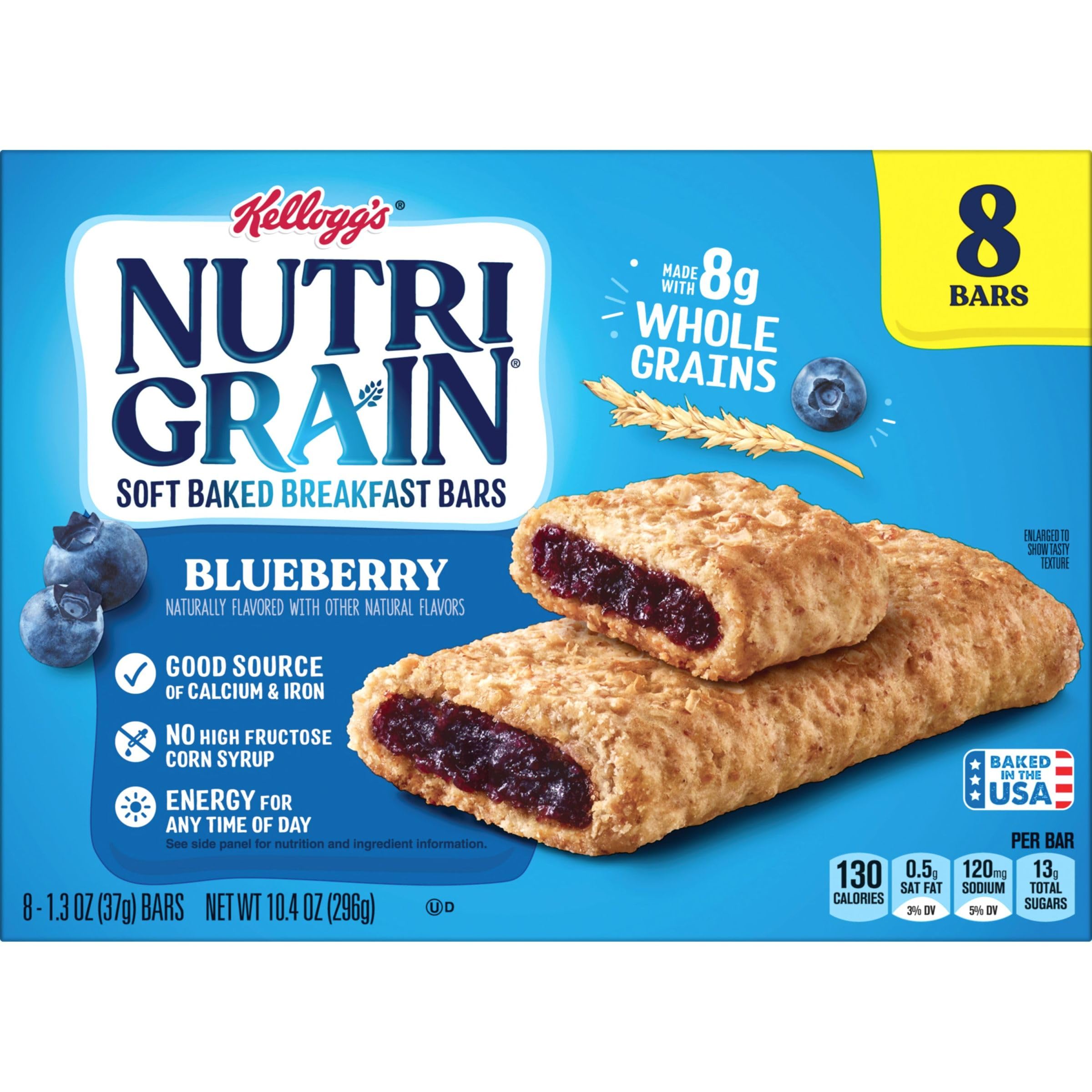 Nutri-Grain Soft Baked Breakfast Bars - Whole Grain Blueberry Snacks for Kids - 10.4oz Box (8 Bars) - Perfect for School Lunches & On-the-Go Snacking