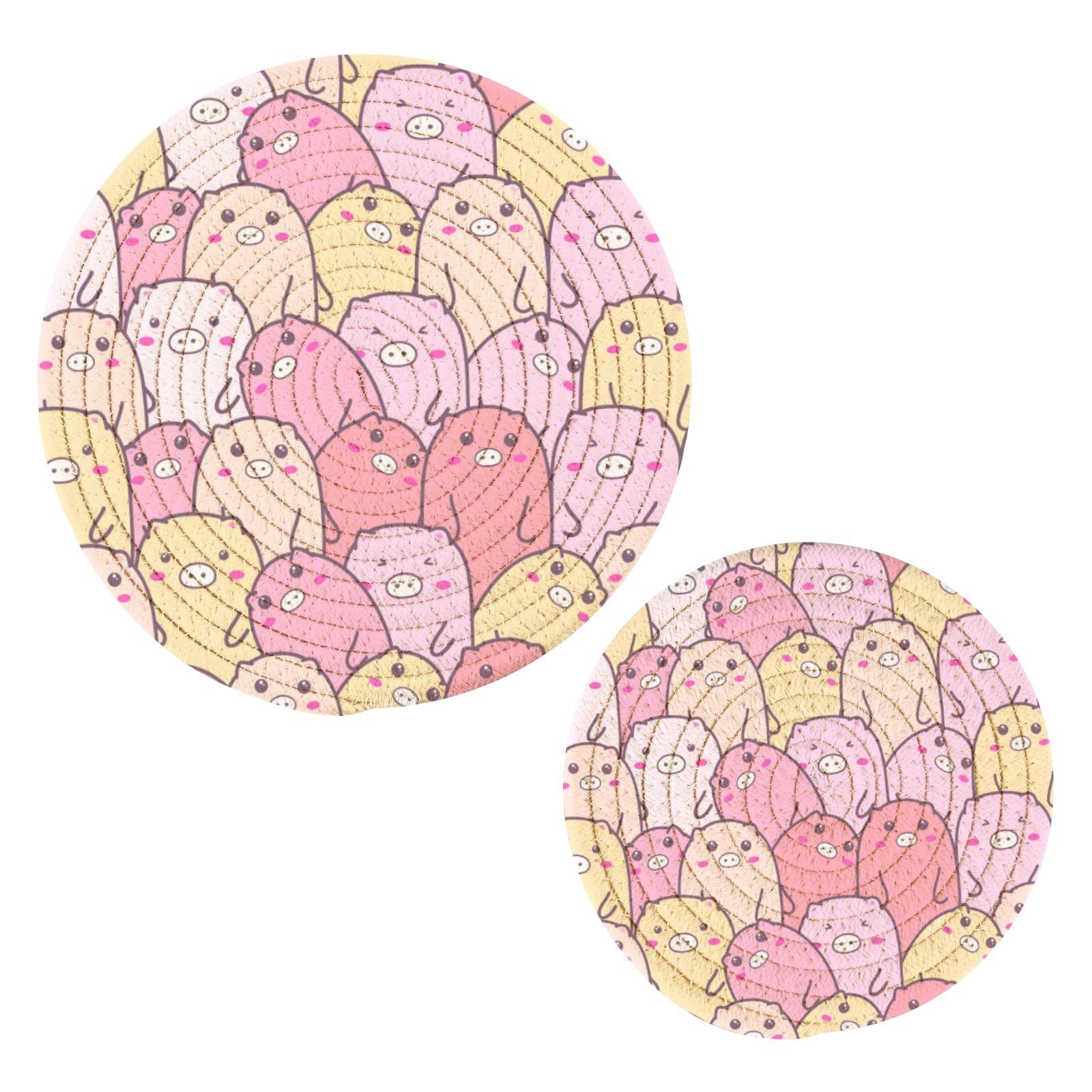 Cartoon Pig Pot Holders Set of 2 - Heat Resistant Kitchen Potholders & Trivets for Hot Pans, Pots, Bowls, Teapots - Cute Thread Weave Hot Pads for Cooking, Baking & Kitchen Decor - Perfect for Holiday Gifts & Home Use