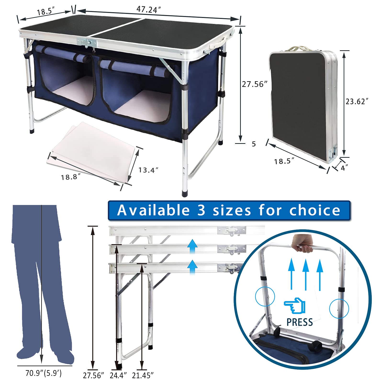 Lightweight Aluminum Folding Camping Table with Storage Compartment - Adjustable Height Portable Camp Kitchen Table for Outdoor, Tailgating, BBQ, Picnic, Backyard & Indoor Use - Perfect for Camping, Hiking, Beach Trips and Home Entertaining