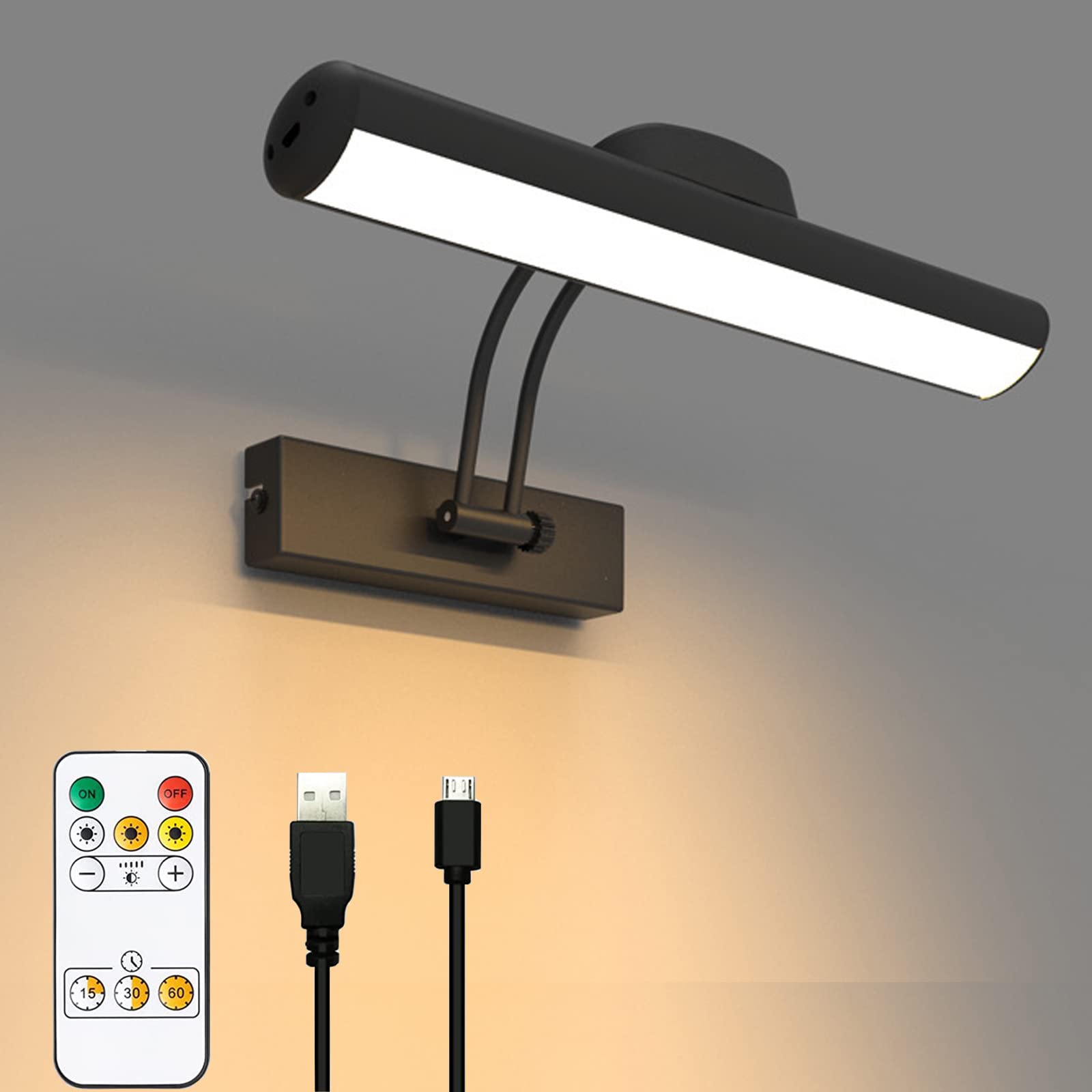 Rechargeable LED Dimmable Wall Lamp with Remote & Timer - Rotatable Light Heads, 3 Lighting Modes - Perfect for Displaying Paintings, Picture Frames, Mirrors & Artwork in Living Rooms, Galleries & Bedrooms