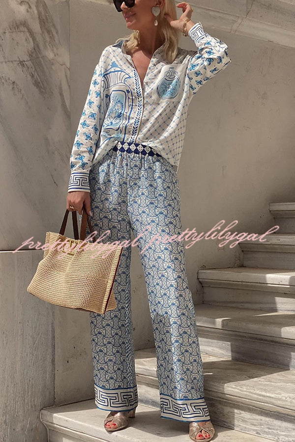 Stylish Dragon Print Satin Long Sleeve Blouse with Elastic Waist Pants Set - Loose Fit Asian Inspired Outfit for Women, Perfect for Cosplay, Halloween Costumes, and Casual Streetwear Fashion
