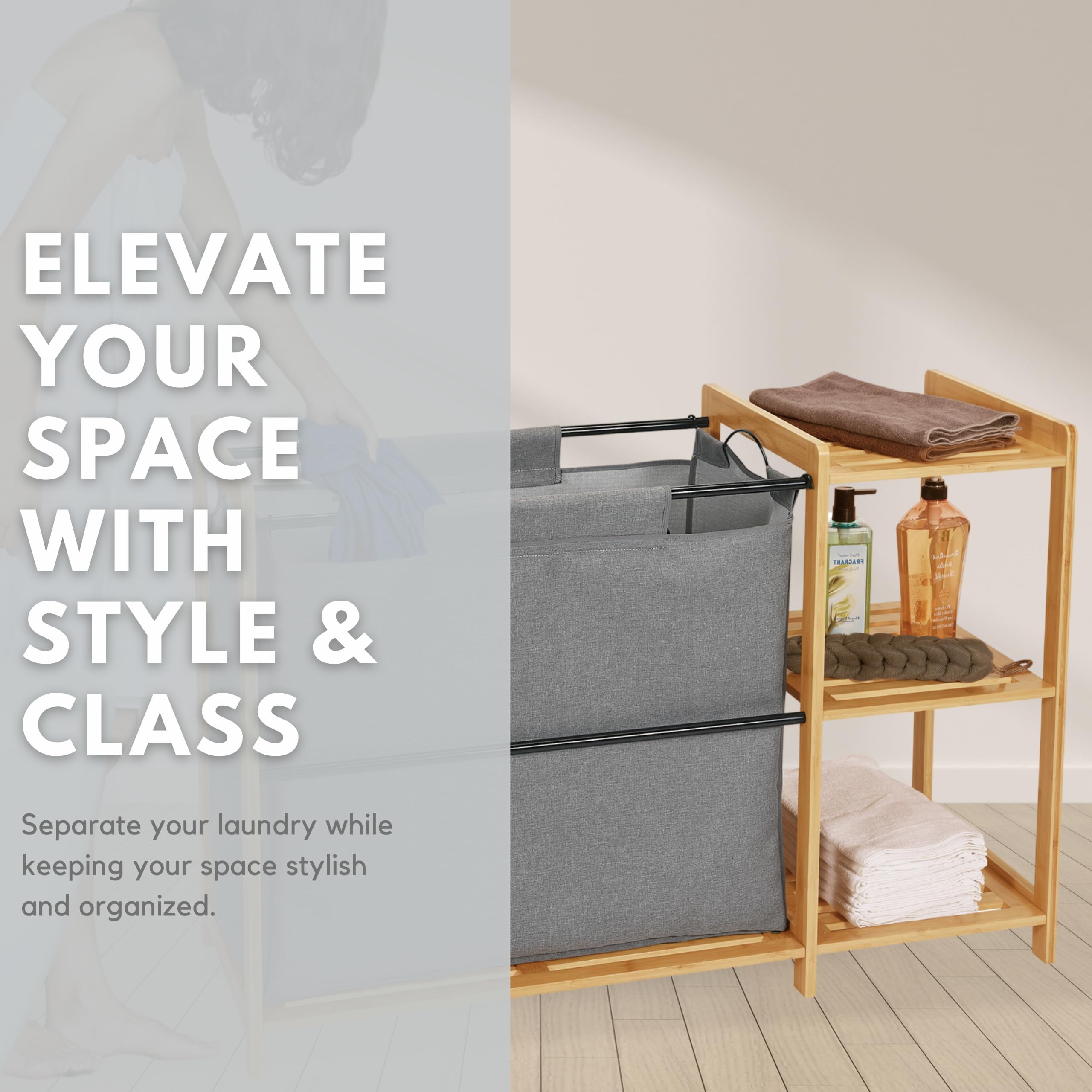 Bamboo Laundry Hamper with Shelves - Freestanding Laundry Basket Organizer with Removable Bags - Natural Wood Storage Cabinet for Bedroom, Bathroom & Laundry Room - Perfect for Clothes Sorting and Home Organization