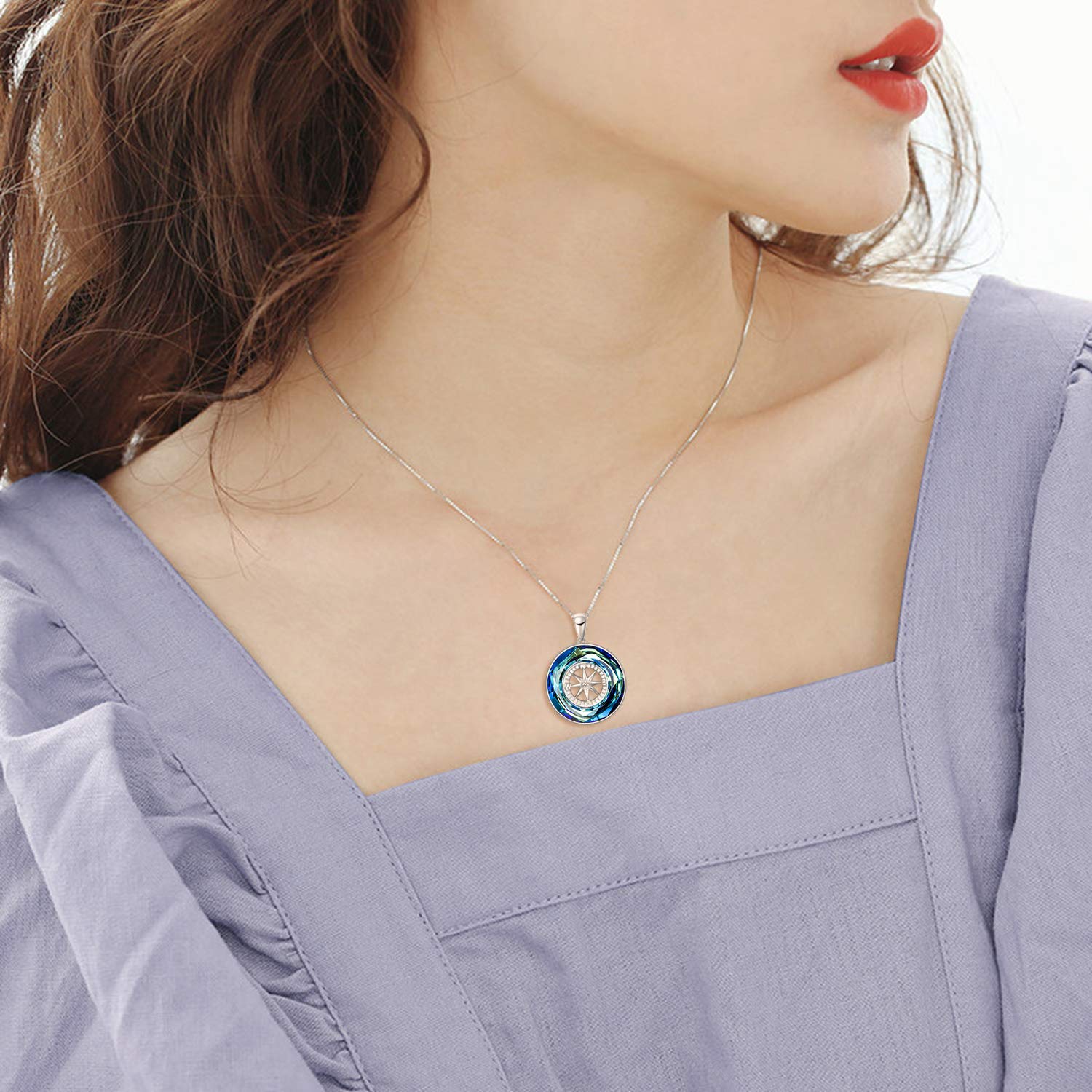 AOBOCO 925 Sterling Silver Compass Jewelry Set - Blue Crystal Necklace & Bracelet for Women | Graduation Gift, Travel Accessory, Inspirational Jewelry