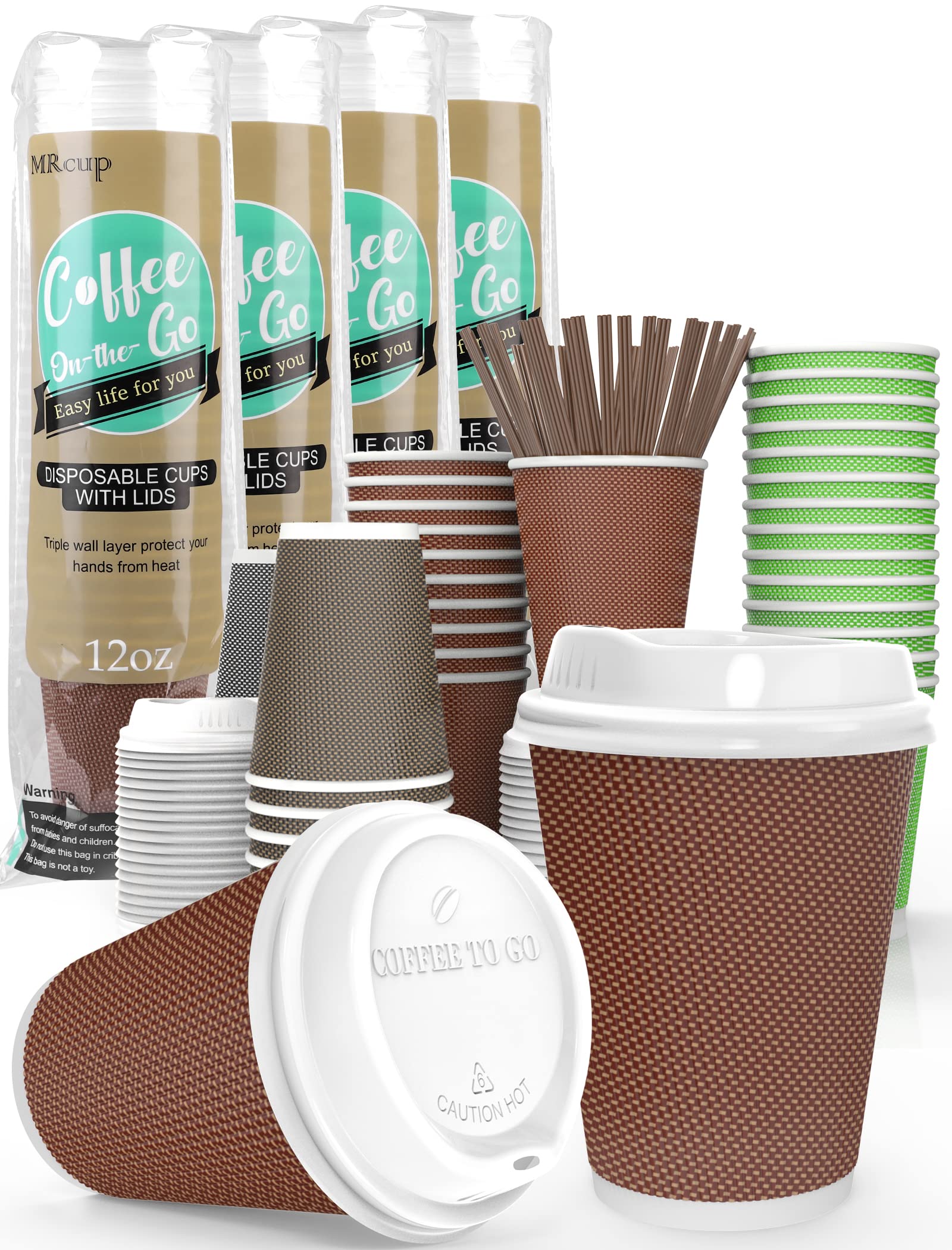 80 Pack MRcup 12oz Insulated Triple Wall Disposable Coffee Cups with Lids & Straws - Leakproof, Anti-Slip Hot/Cold Reusable Paper Cups for Office, Cafe, Travel & Parties - Red (BPA Free)