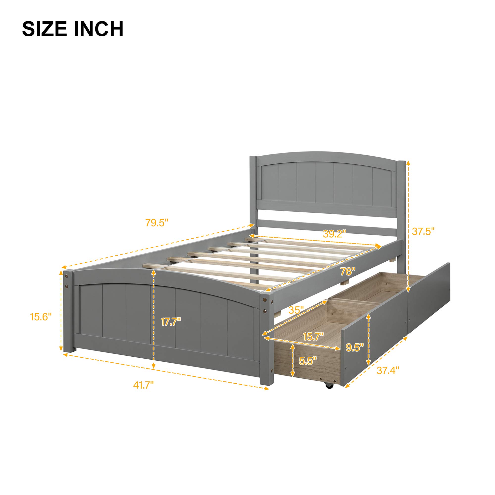 Harper & Bright Designs Twin Bed Frame with 2 Drawers - Solid Wood Platform Bed with Headboard & Footboard, Wood Slat Support - Grey - Perfect for Kids Room, Guest Bedroom & Small Spaces