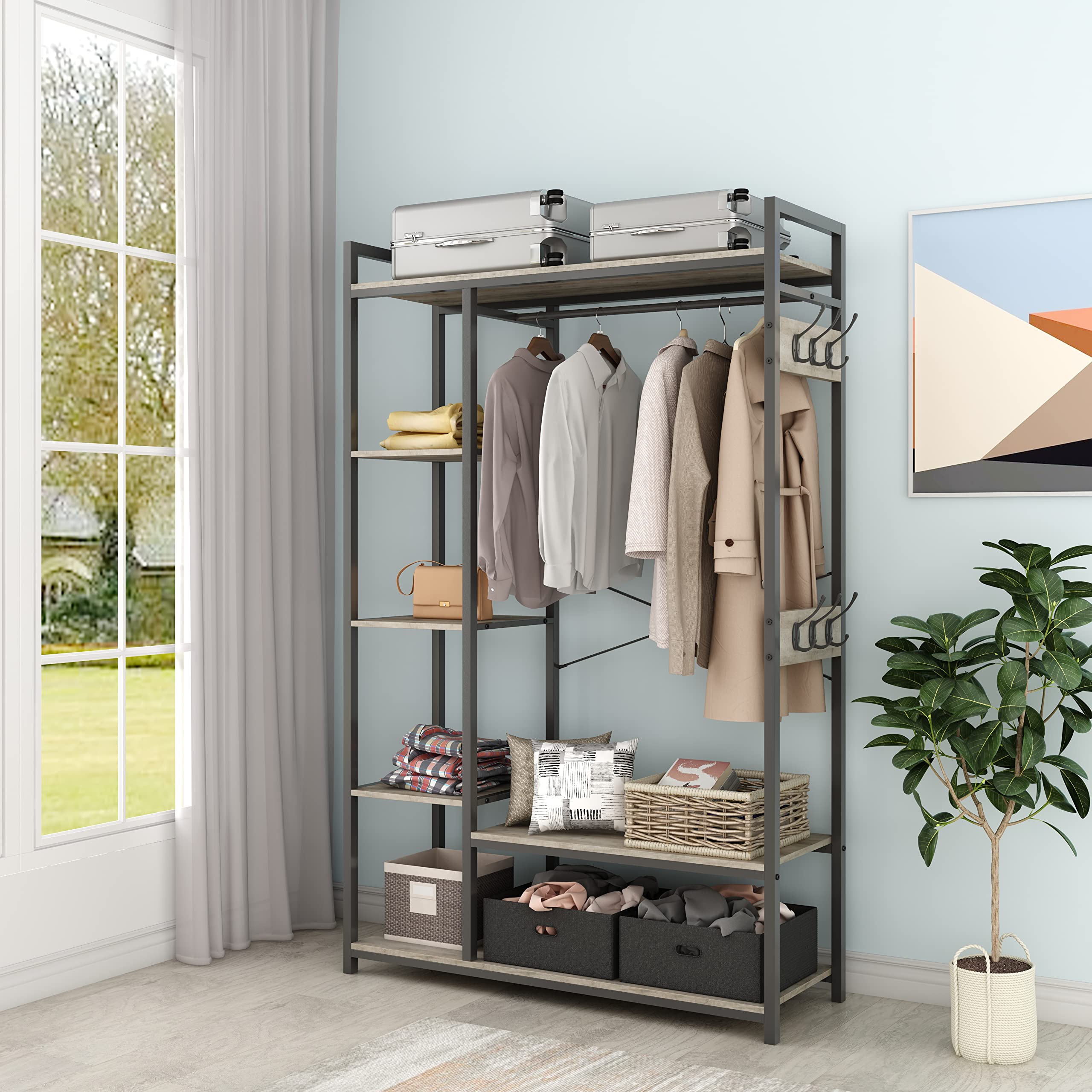 Free-Standing Closet Organizer with Storage Box & Side Hook - Portable Garment Rack with 6 Shelves & Hanging Rod - Black Metal Frame & Rustic Board Finish - Perfect for Bedroom, Closet, Dorm Organization (Light Ivory)