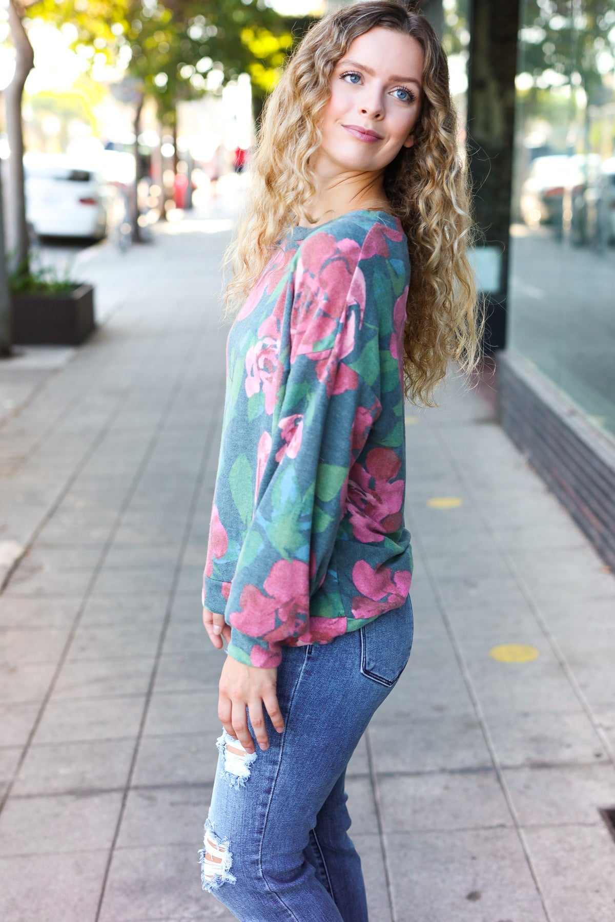 Everyday Hunter Green Floral Brushed Hacci Sweater Top for Women - Cozy Casual Knit Pullover for Fall & Winter Outfits | Perfect for Office, Dates & Weekend Wear