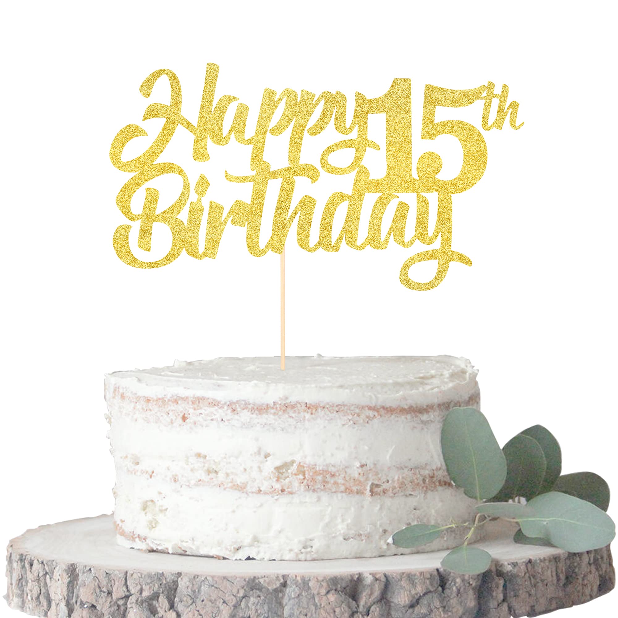 1 Pack Gold Happy 15th Birthday Cake Topper - Glitter 15th Birthday Cake Picks - Cheers to 15 Years - Fifteen Fabulous Cake Decorations for 15th Birthday Party Supplies | Perfect for Sweet 16 Theme Parties, Milestone Celebrations & Anniversary Cakes