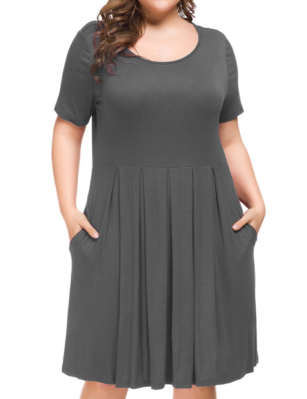 **Tralilbee Women's Plus Size Short Sleeve Dress - Casual Pleated Swing Dress with Pockets for Summer, Travel & Everyday Wear**
