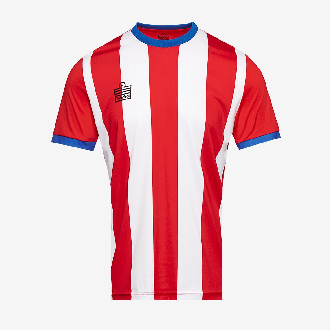 Men's Striped Short Sleeve Football Jersey - White/Red/Blue - Breathable Sports Shirt for Soccer Training & Fan Support