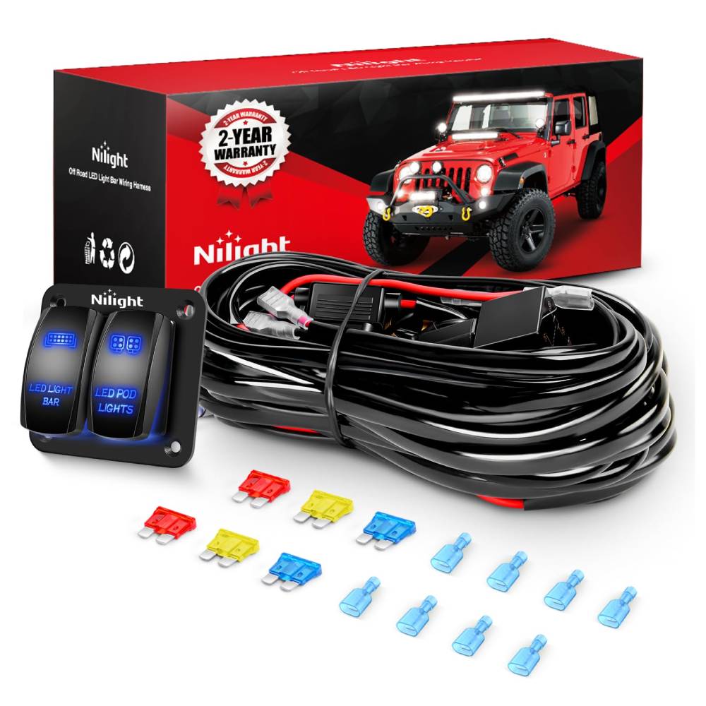 16AWG Wiring Harness Kit for LED Light Bar & Pod Lights - 12V 5-Pin Switch, 6 Fuses, 8 Spade Connectors | Universal Off-Road, Truck, ATV, Boat Lighting Installation