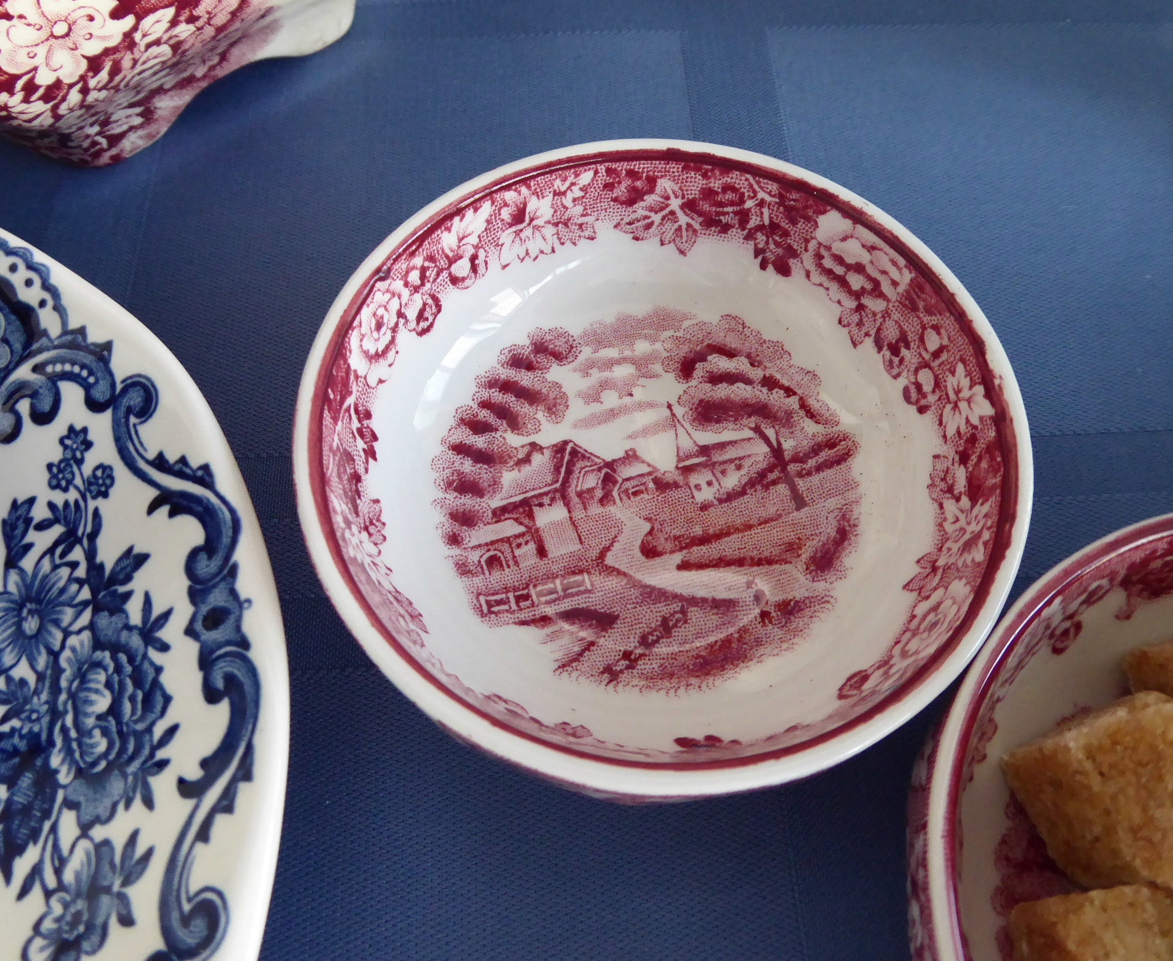Vintage 1940s Enoch Woods Red Transferware Open Salt Dish - English Countryside Scenery & Woods Ware - Perfect for Table Setting, Collectibles, and Farmhouse Decor