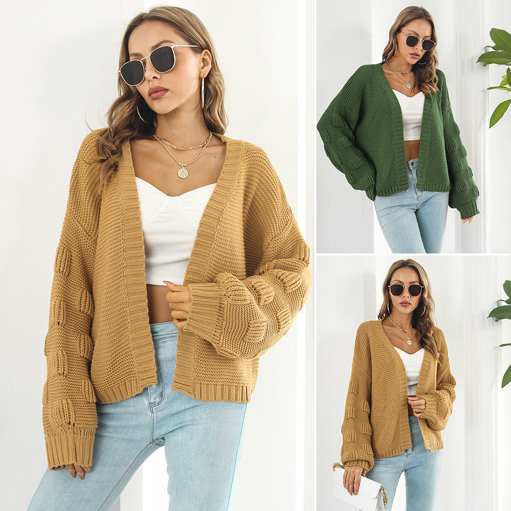 Women's Chunky Knit Puff Sleeve Cardigan Sweater - Cozy Front Button Knitwear Coat for Fall & Winter Layering