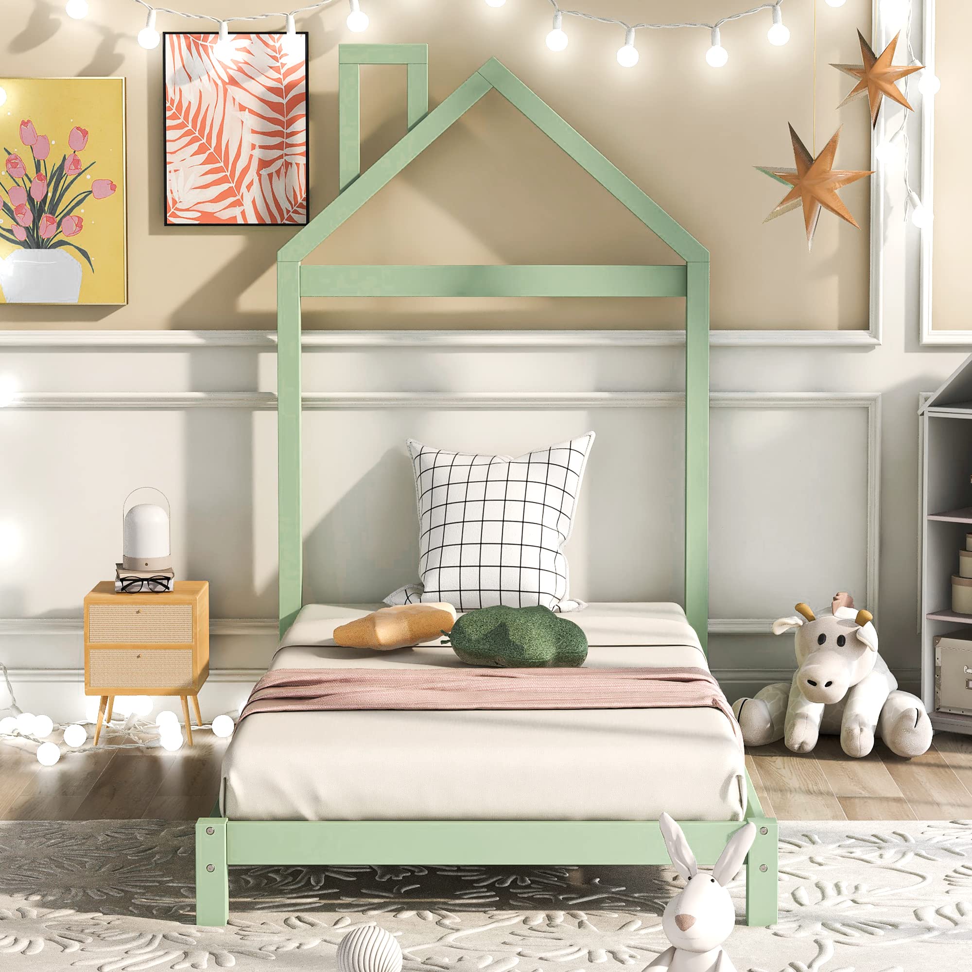 Harper & Bright Designs Twin Size Kids Bed with House-Shaped Headboard - Solid Wood Toddler Floor Bed Frame for Boys & Girls - No Box Spring Needed - Green - Perfect for Nursery, Bedroom & Playroom