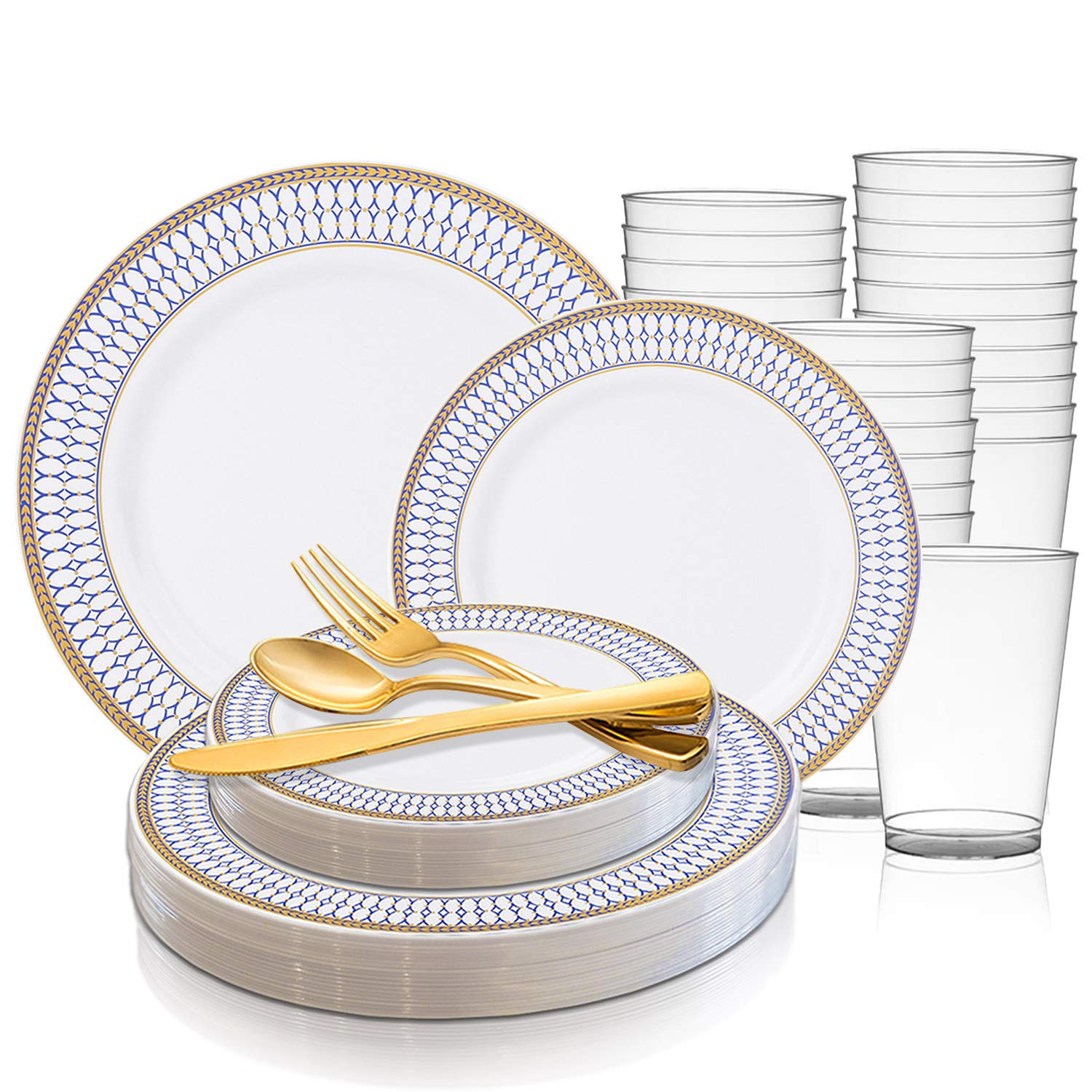 Elegant Disposable Plastic Dinnerware Set for 60 Guests - White Round Plates with Blue & Gold Trim, Includes Dinner Plates, Dessert Plates, Salad Plates, Gold Silverware & Cups - Perfect for Weddings, Birthday Parties, Baby Showers & Special Events